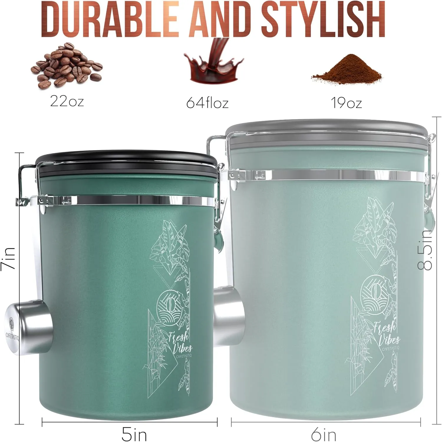38oz / 22oz Coffee Canister  Airtight Stainless Steel Storage Container with Date Tracker & Scoop, Sealed Jar for Grounds, Beans, Tea, Flour, Cereal, and Sugar (Green Vibes, 22OZ)