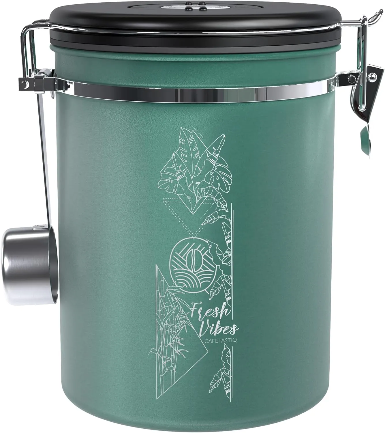 38oz / 22oz Coffee Canister  Airtight Stainless Steel Storage Container with Date Tracker & Scoop, Sealed Jar for Grounds, Beans, Tea, Flour, Cereal, and Sugar (Green Vibes, 22OZ)
