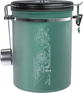 38oz / 22oz Coffee Canister  Airtight Stainless Steel Storage Container with Date Tracker & Scoop, Sealed Jar for Grounds, Beans, Tea, Flour, Cereal, and Sugar (Green Vibes, 22OZ)