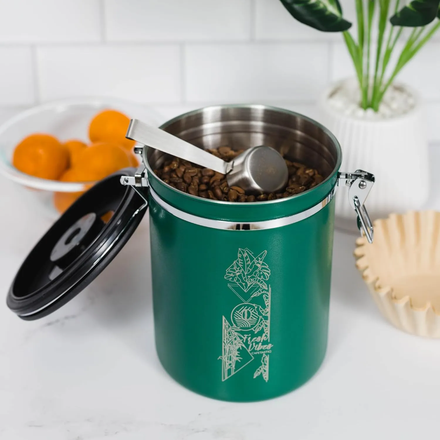 38oz / 22oz Coffee Canister  Airtight Stainless Steel Storage Container with Date Tracker & Scoop, Sealed Jar for Grounds, Beans, Tea, Flour, Cereal, and Sugar (Green Vibes, 22OZ)