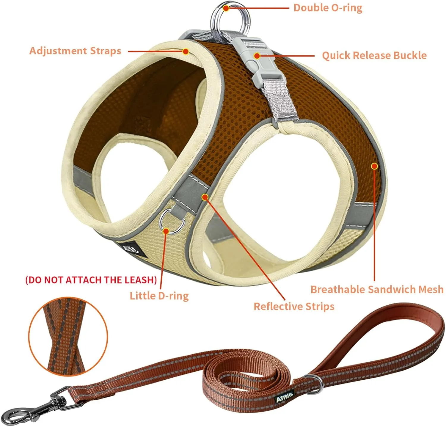 AIITLE Comfortable Dog Harness and Leash Set for Walking - Spring Step in Vest Harness,Reflective Bands, Adjustable No Pull Puppy Essentials, for Small Dogs and House Cats Beige XS