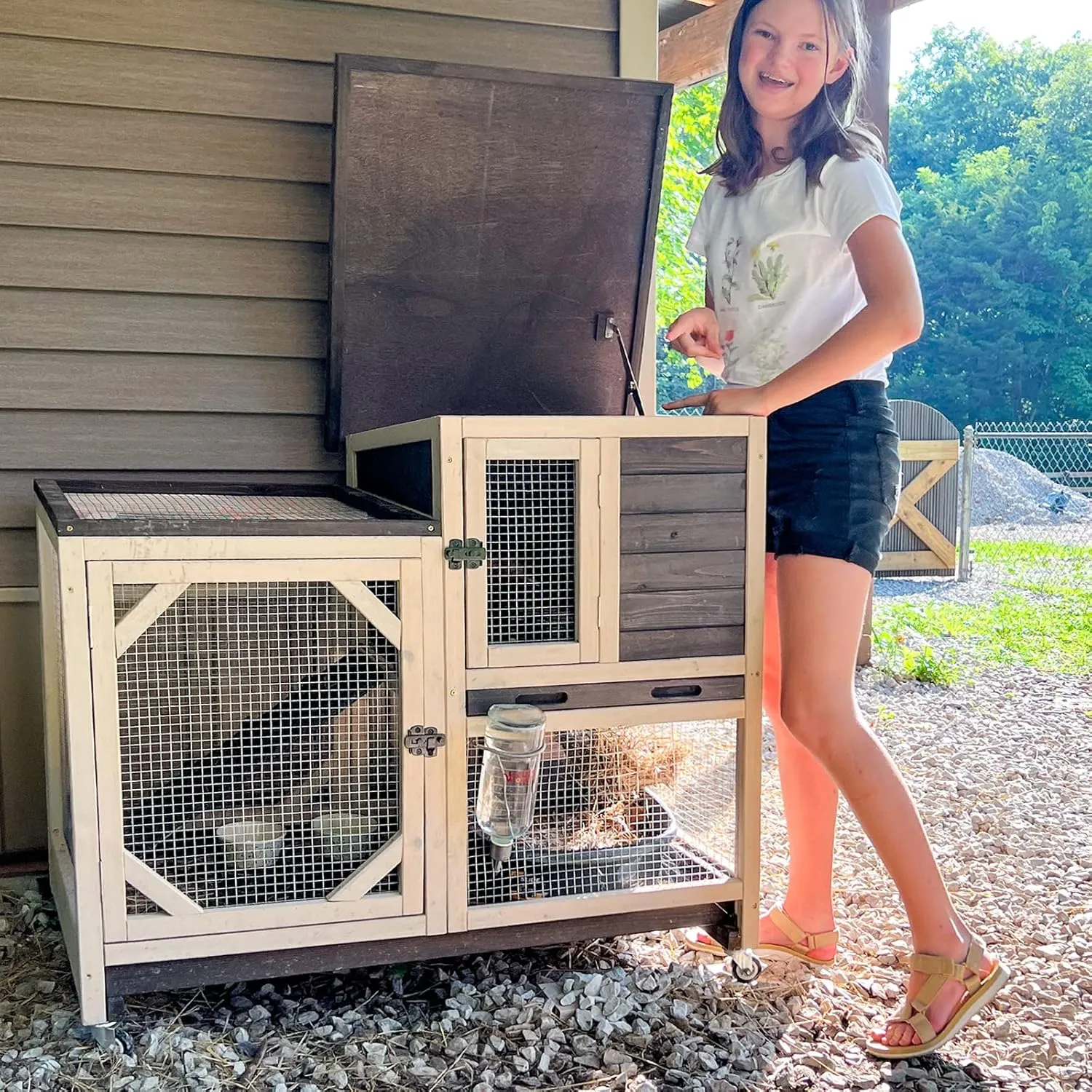 Aivituvin Rabbit Hutch Rabbit Cage Indoor Bunny Hutch with Run Outdoor Rabbit House with Two Deeper No Leak Trays - 4 Casters Include (Without Bottom Wire Netting)