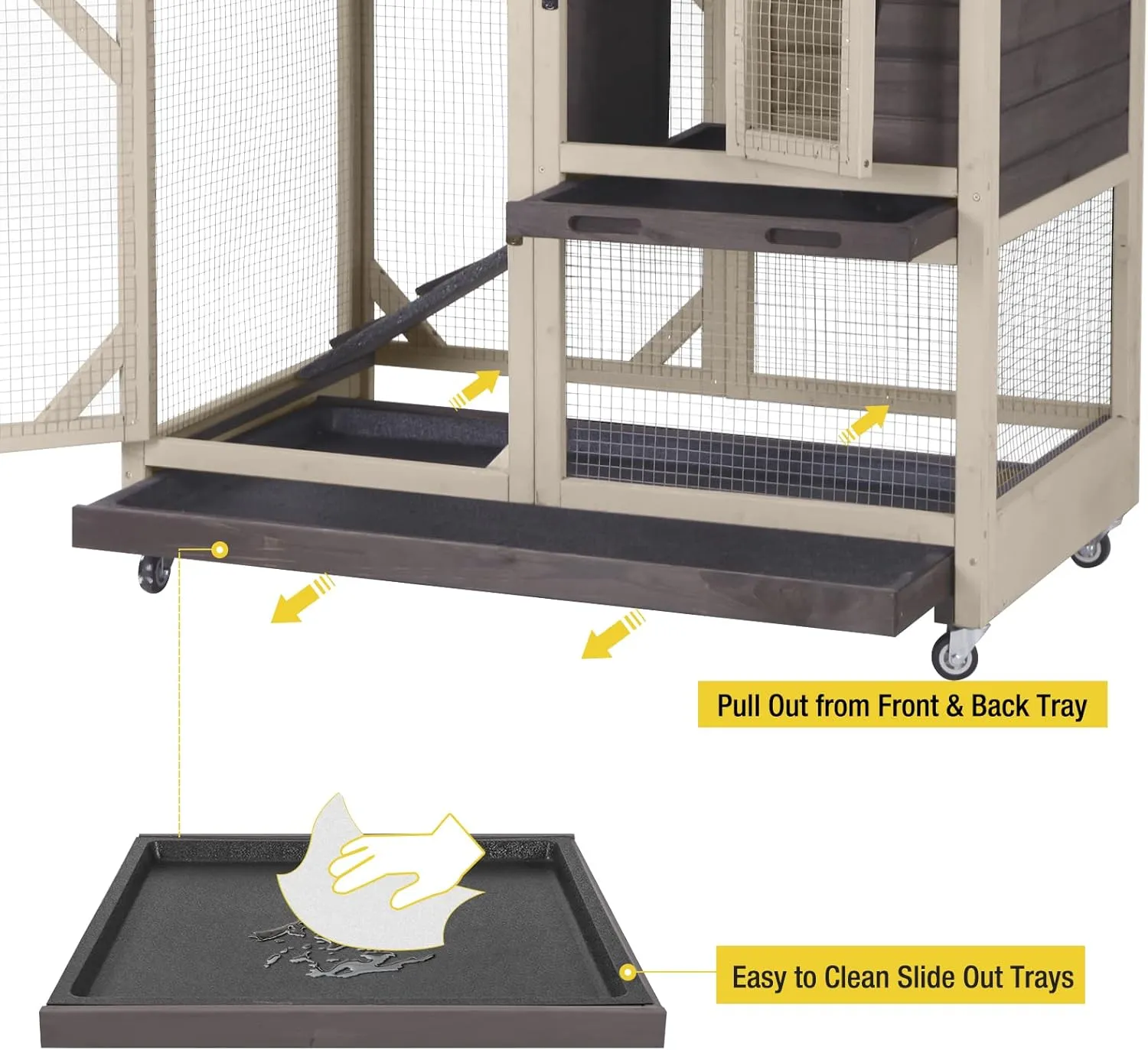 Aivituvin Rabbit Hutch Rabbit Cage Indoor Bunny Hutch with Run Outdoor Rabbit House with Two Deeper No Leak Trays - 4 Casters Include (Without Bottom Wire Netting)