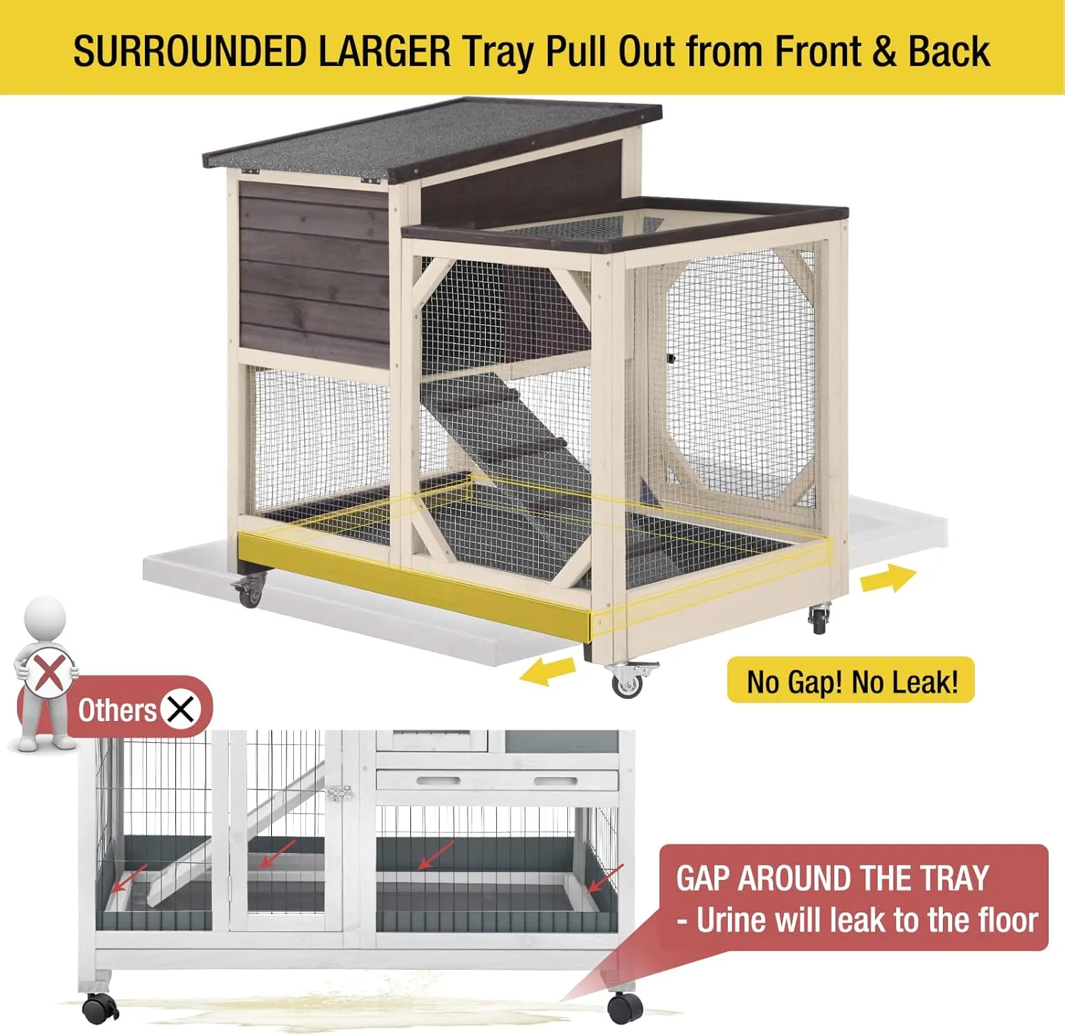 Aivituvin Rabbit Hutch Rabbit Cage Indoor Bunny Hutch with Run Outdoor Rabbit House with Two Deeper No Leak Trays - 4 Casters Include (Without Bottom Wire Netting)