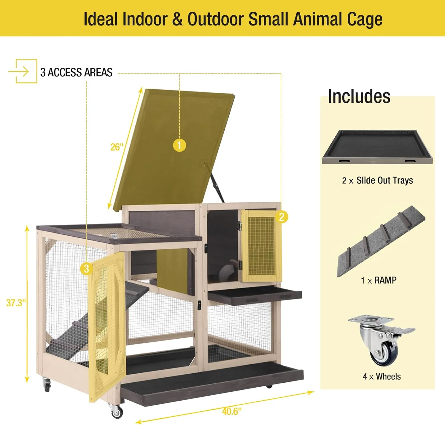 Aivituvin Rabbit Hutch Rabbit Cage Indoor Bunny Hutch with Run Outdoor Rabbit House with Two Deeper No Leak Trays - 4 Casters Include (Without Bottom Wire Netting)