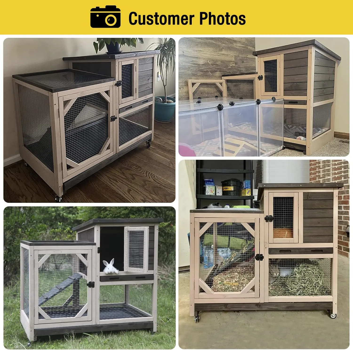 Aivituvin Rabbit Hutch Rabbit Cage Indoor Bunny Hutch with Run Outdoor Rabbit House with Two Deeper No Leak Trays - 4 Casters Include (Without Bottom Wire Netting)