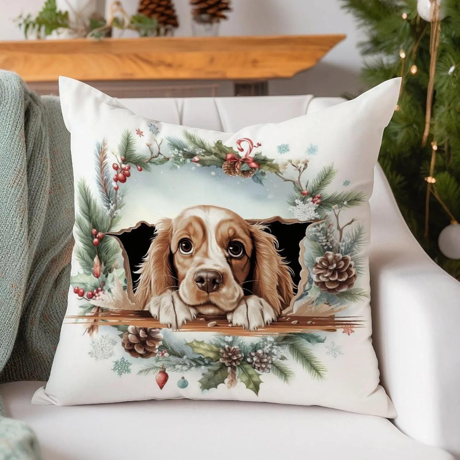 American Cocker Spaniel Throw Pillow Cover Peeking Dog in Crack Check Pillow Dog Memorial Pillows Farmhouse Decor Linen Throw Pillows for Sofa Chair Car 26x26in Easter Gift to Dog Mom