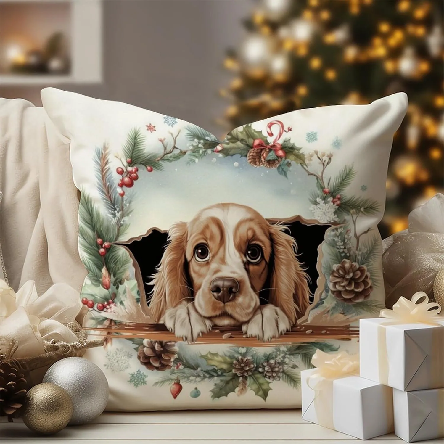 American Cocker Spaniel Throw Pillow Cover Peeking Dog in Crack Check Pillow Dog Memorial Pillows Farmhouse Decor Linen Throw Pillows for Sofa Chair Car 26x26in Easter Gift to Dog Mom
