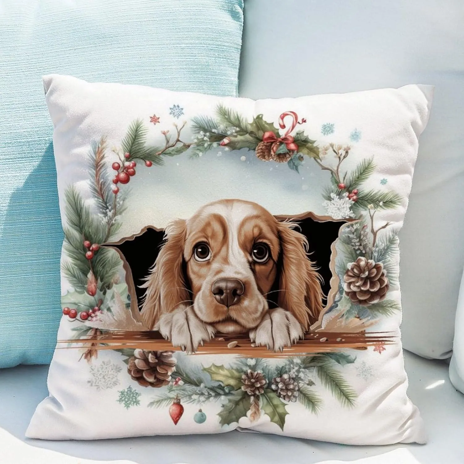 American Cocker Spaniel Throw Pillow Cover Peeking Dog in Crack Check Pillow Dog Memorial Pillows Farmhouse Decor Linen Throw Pillows for Sofa Chair Car 26x26in Easter Gift to Dog Mom