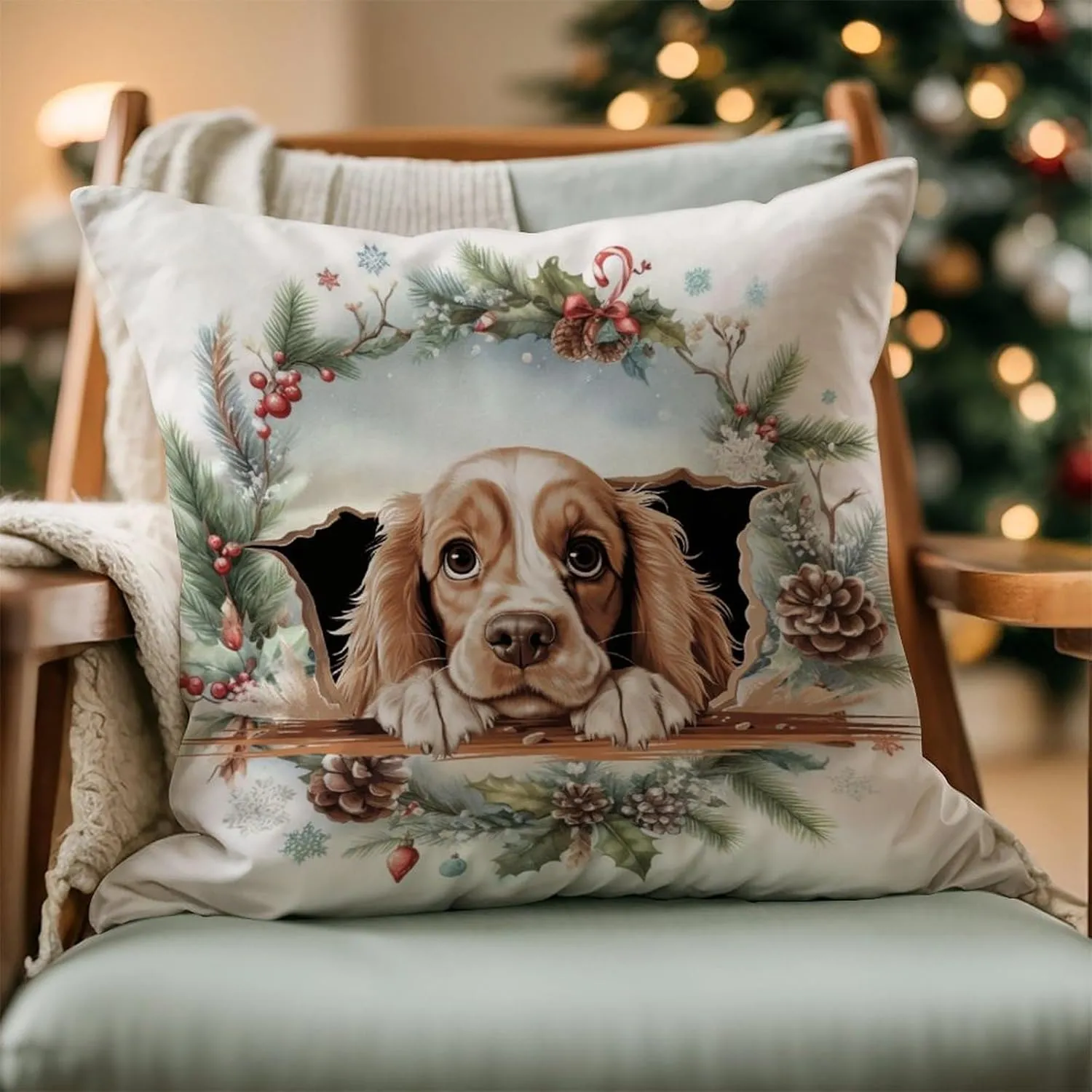 American Cocker Spaniel Throw Pillow Cover Peeking Dog in Crack Check Pillow Dog Memorial Pillows Farmhouse Decor Linen Throw Pillows for Sofa Chair Car 26x26in Easter Gift to Dog Mom