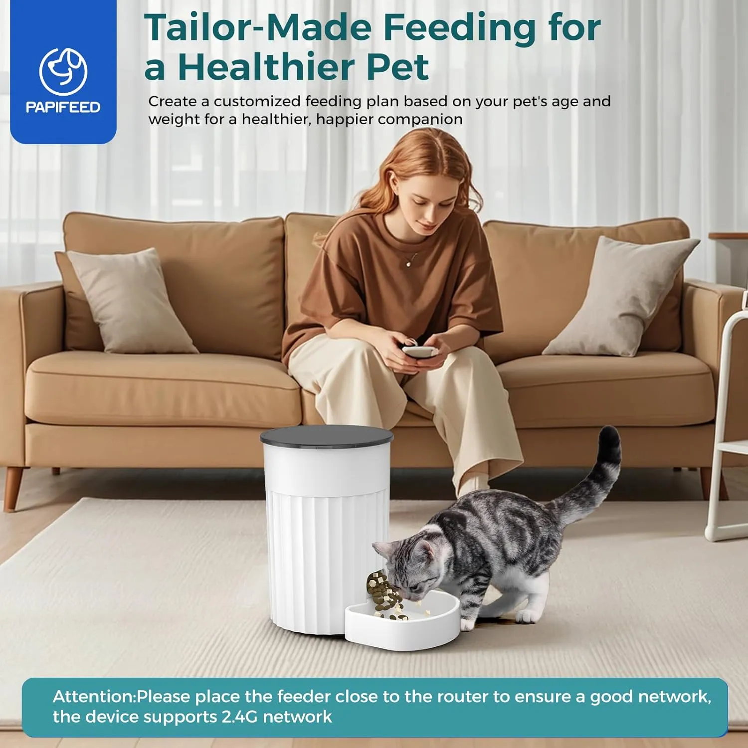 Automatic Cat Feeder 3L, 2.4G WiFi Auto Pet Food Dispenser for Cats and Small Dogs, Timed Cat Feeder Programmable Portion Size with APP Control & Alexa 1-10 Meals Per Day (White)