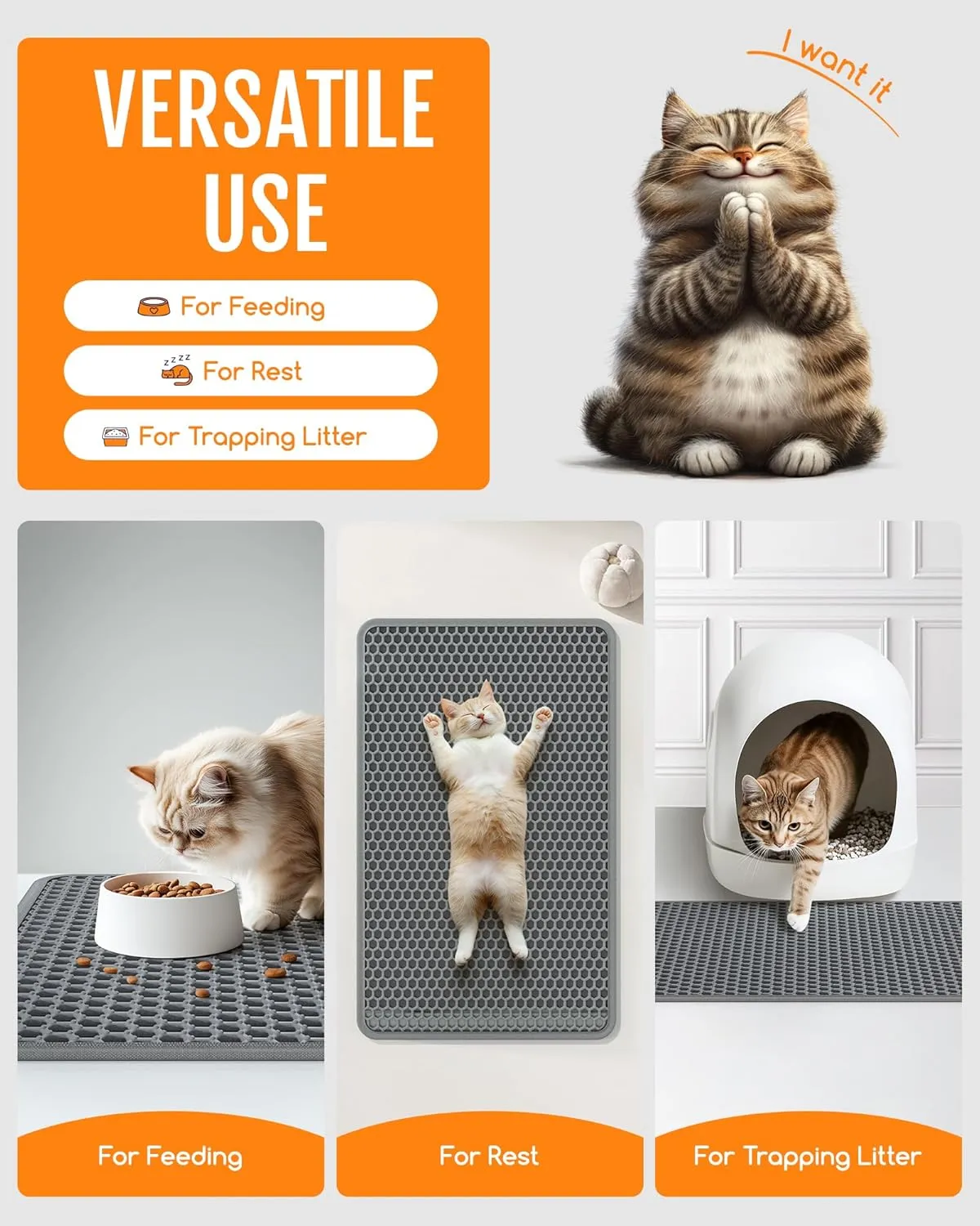 Cat Litter Mat - 46" x 35" Jumbo Litter Box Mat with Double Layers, Urine-Proof and Non-Slip Litter Trapping Mat, Easy to Clean Kitty Litter Mats for Floor, Scatter Control, Grey