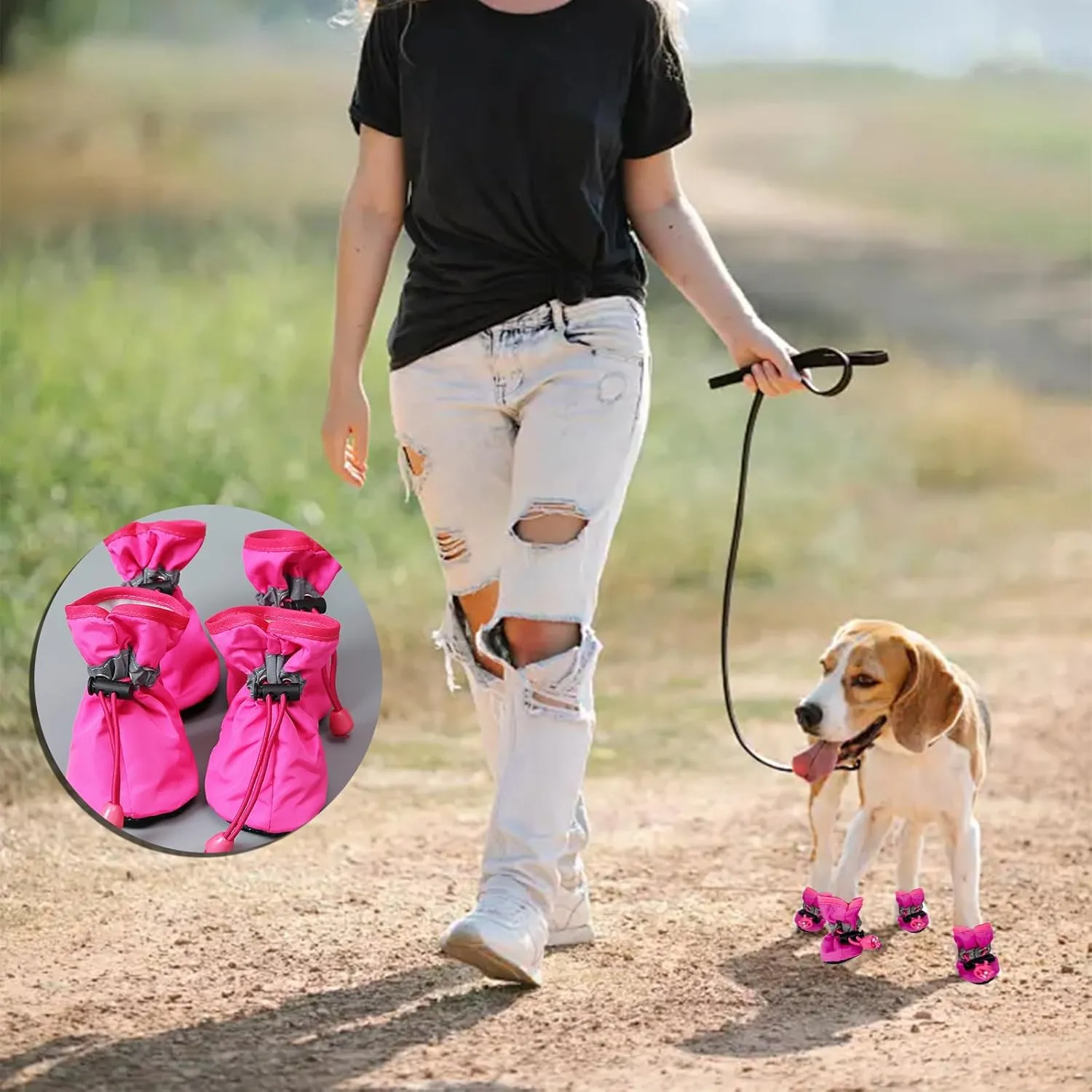 Dog Boots for Small Medium Large Dogs with Reflective Strap, Anti-Slip Dog Shoes for Hot Pavement, Dog Booties and Paw Protectors for Cat Pet Doggie Hiking Hardwood Indoor Outdoor (Pink 5)