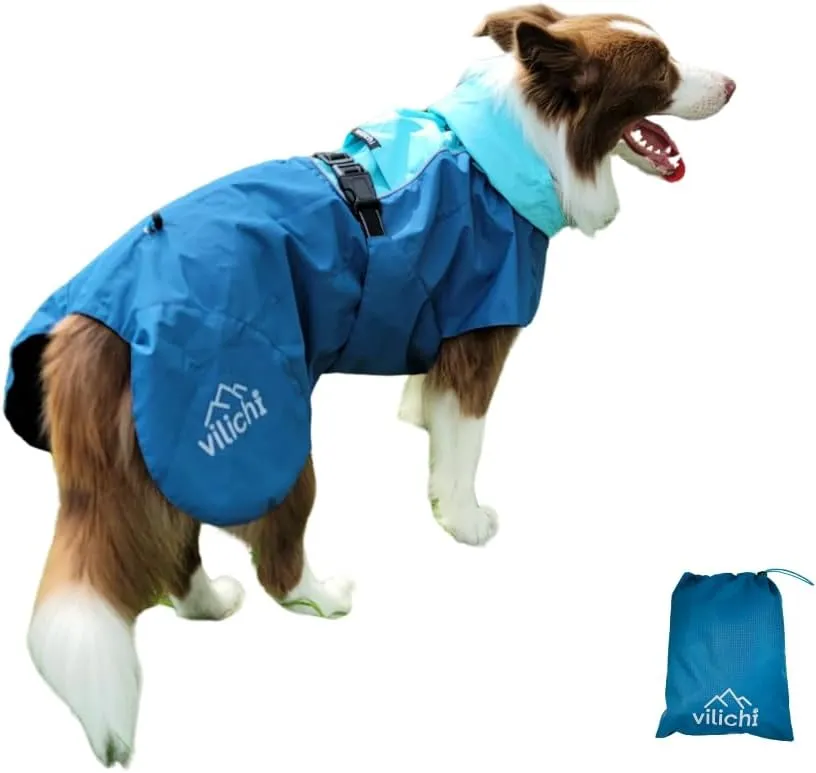 Dog Raincoat, Waterproof Jacket, Windproof & Lightweight Outdoor Rain Coat, Body Coverage Poncho,with Storage Bag, Blue, for Medium and Large Breed (X-Large)