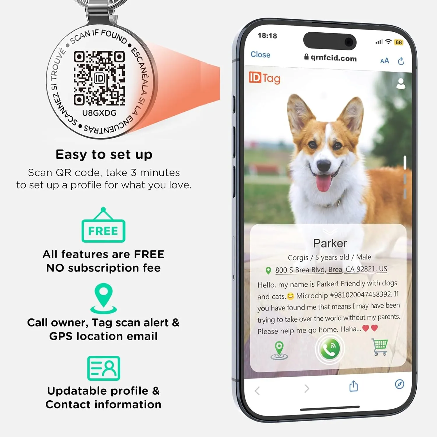Dog Tag Personalized QR Code and Service Dog Tag, Modifiable Pet Online Profile, Multiple Emergency Contact, Scan QR Code Send Pet GPS Location Email
