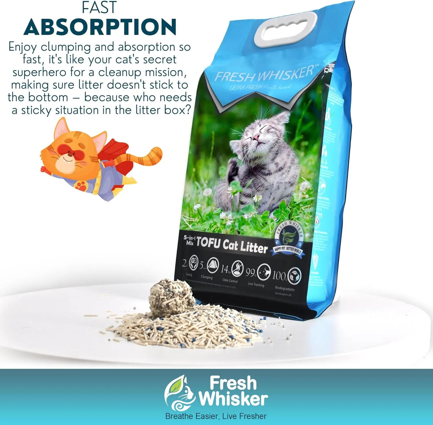 FreshWhisker Tofu Cat Litter, Ultimate Odor Control, Quick and Strong Clumping, Low Dust, Less Tracking, Less Cleanup, Longer Lasting Plant Based 5-in-1 Kitty Litter (36 LB Box)