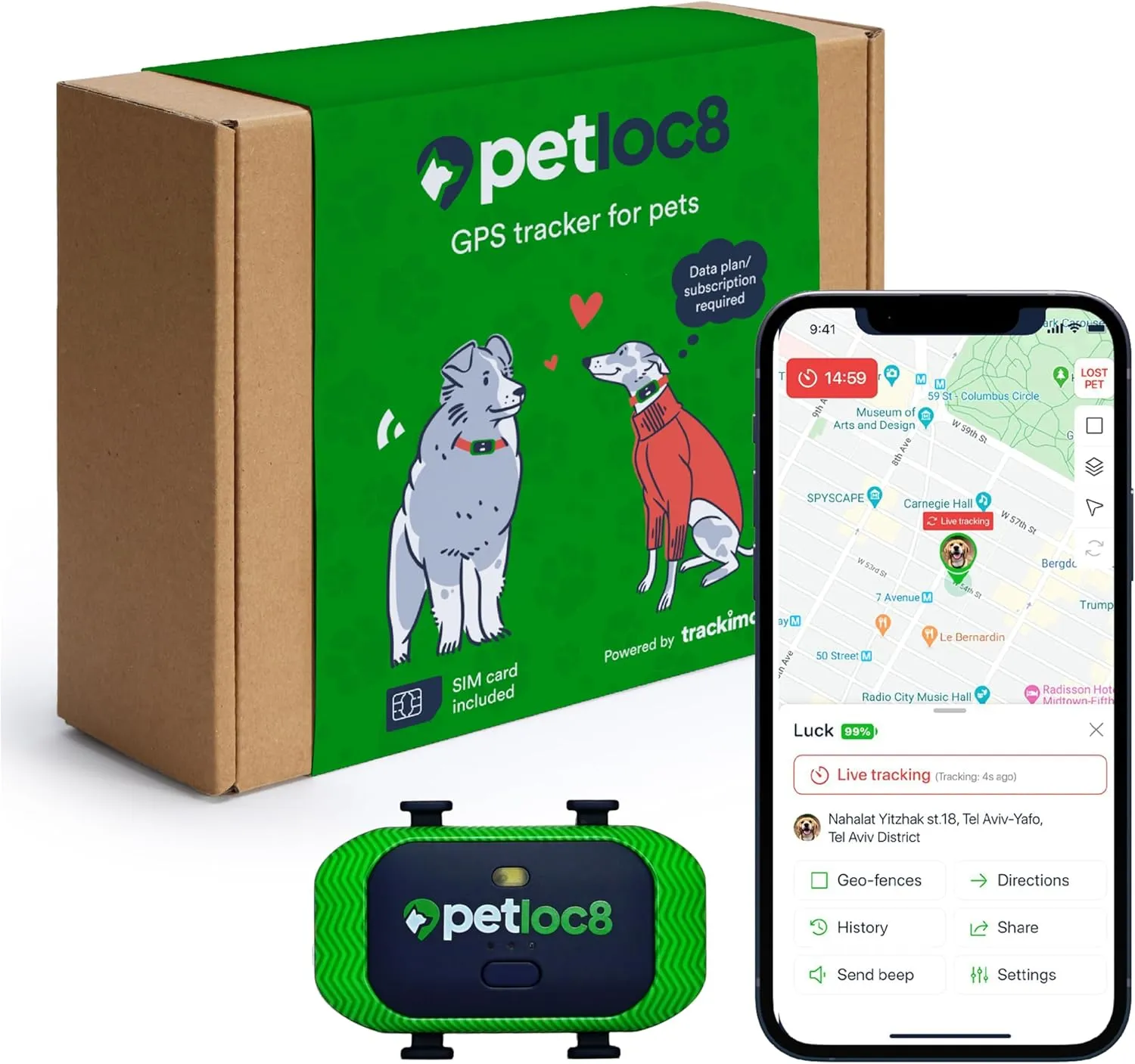 GPS Pet Tracker for Dogs by Petloc8 - Dog Tracker Fits on Your Pets Collar, Waterproof, Smart App Controllable Geofencing and Pet Location History, Subscription is Required