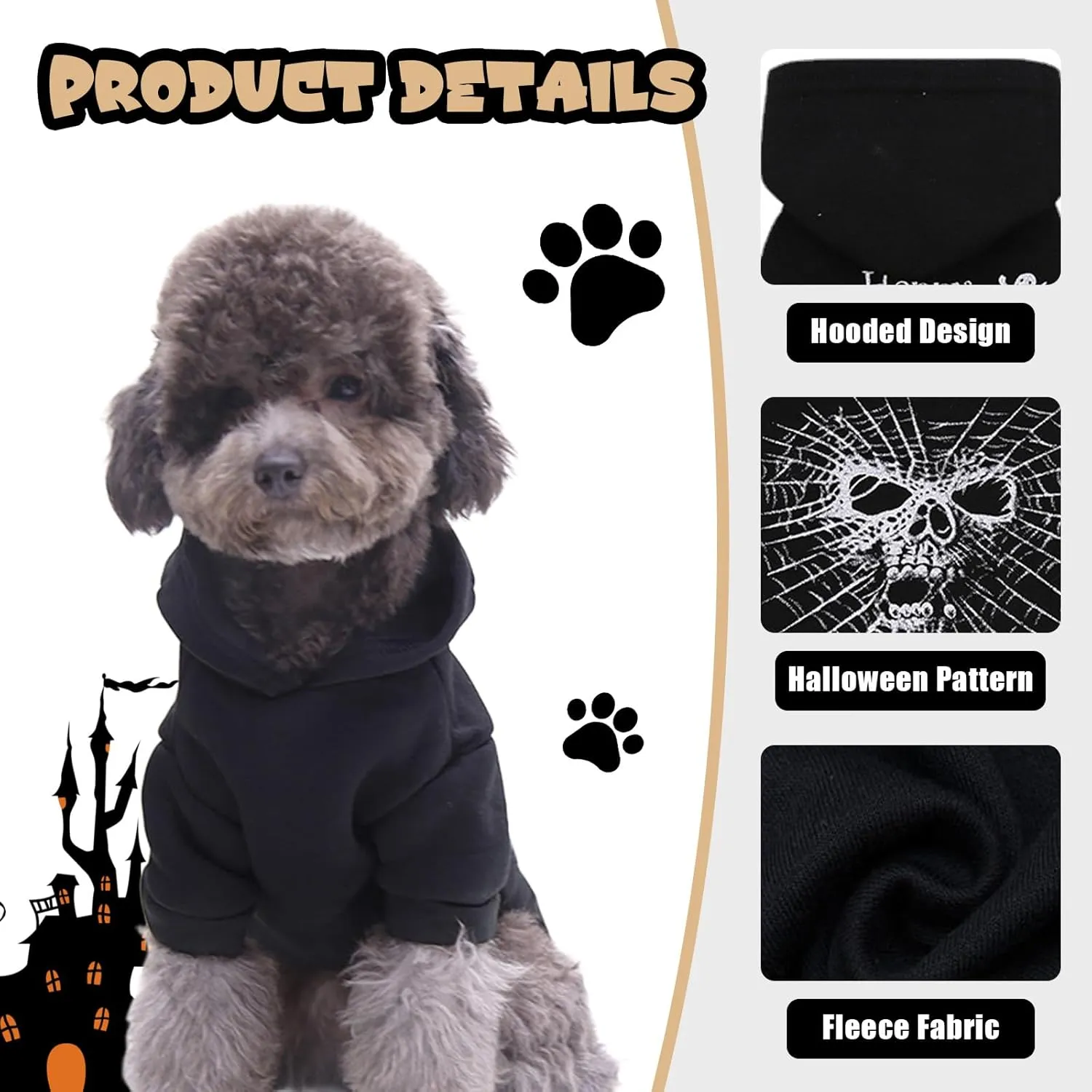 Halloween Dog & Cat Hoodies - Black Spider Fleece Sweatshirt - X-Small