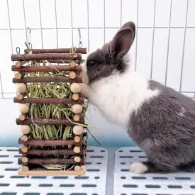 Hanging Apple Wood Rabbit Hay Feeder - Guinea Pig Grass Holder with 2 Hooks Biting Resistant Small Animals Chew Toy, Feeding Hay Manager Shelf for Chinchilla Bunny Hamster Gerbil Holiday Presents