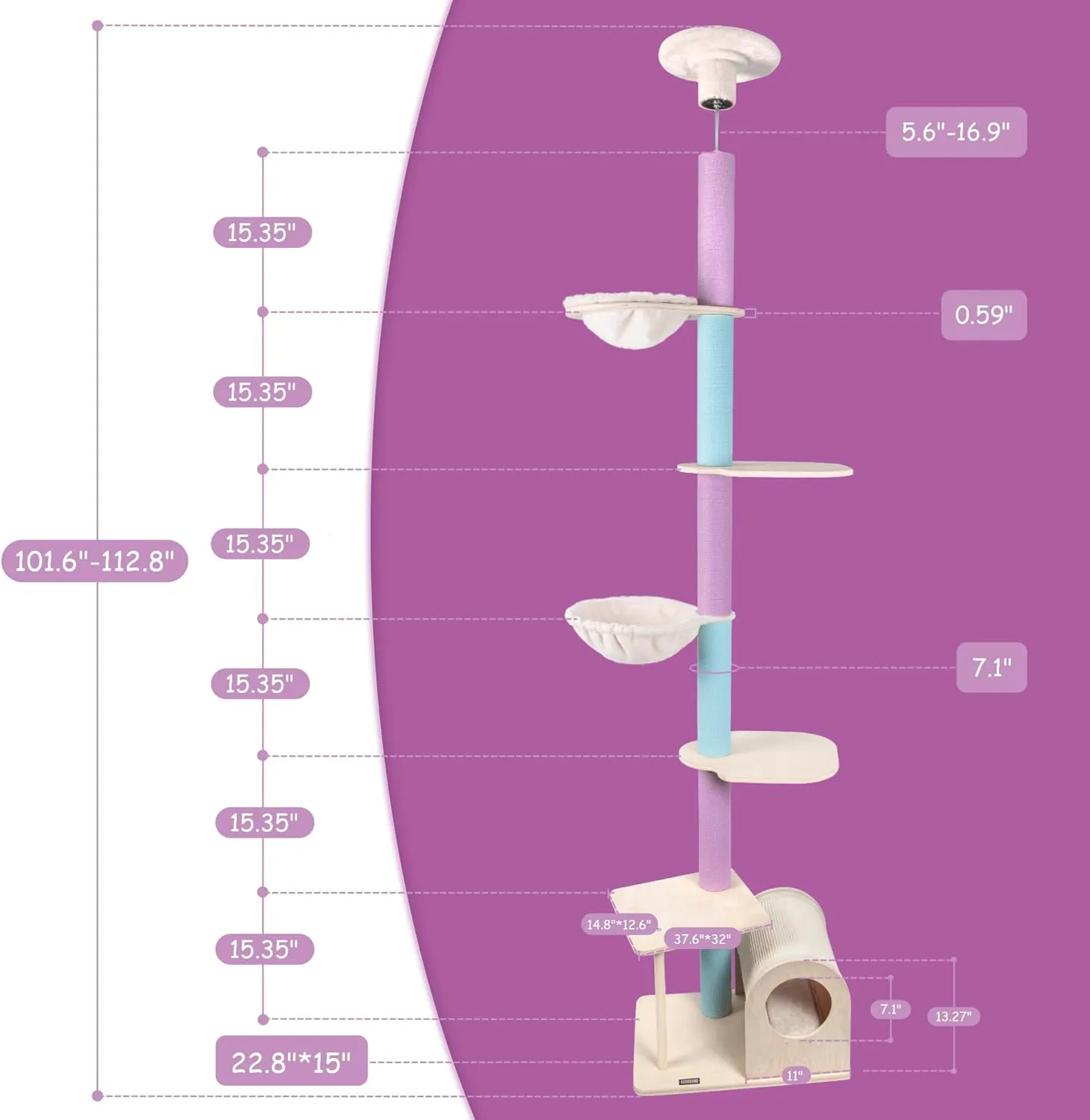 KAMABOKO Floor to Ceiling Cat Tree Ajustable Height [101.6-112.8 Inches], 6 Tiers Tall Cats Tower with Cat Condo, Cat Hammock and Scratching Post for Indoor Cats, Blue and Purple