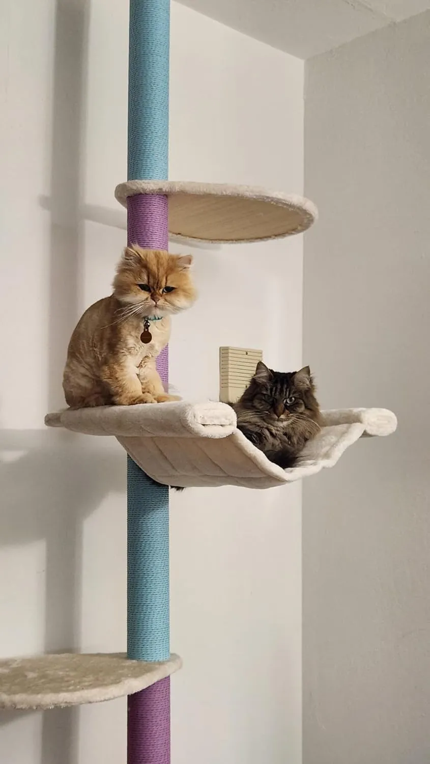 KAMABOKO Floor to Ceiling Cat Tree Ajustable Height [101.6-112.8 Inches], 6 Tiers Tall Cats Tower with Cat Condo, Cat Hammock and Scratching Post for Indoor Cats, Blue and Purple