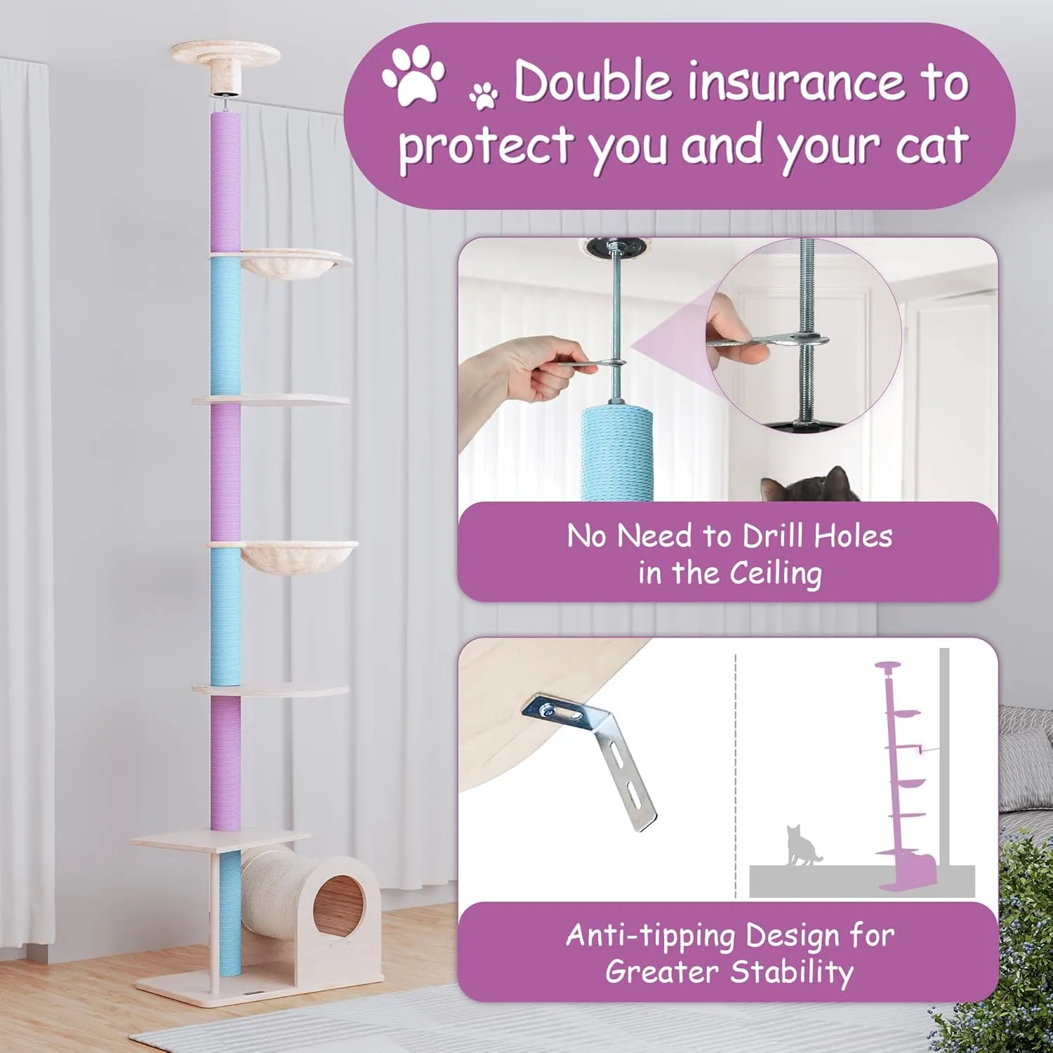 KAMABOKO Floor to Ceiling Cat Tree Ajustable Height [101.6-112.8 Inches], 6 Tiers Tall Cats Tower with Cat Condo, Cat Hammock and Scratching Post for Indoor Cats, Blue and Purple