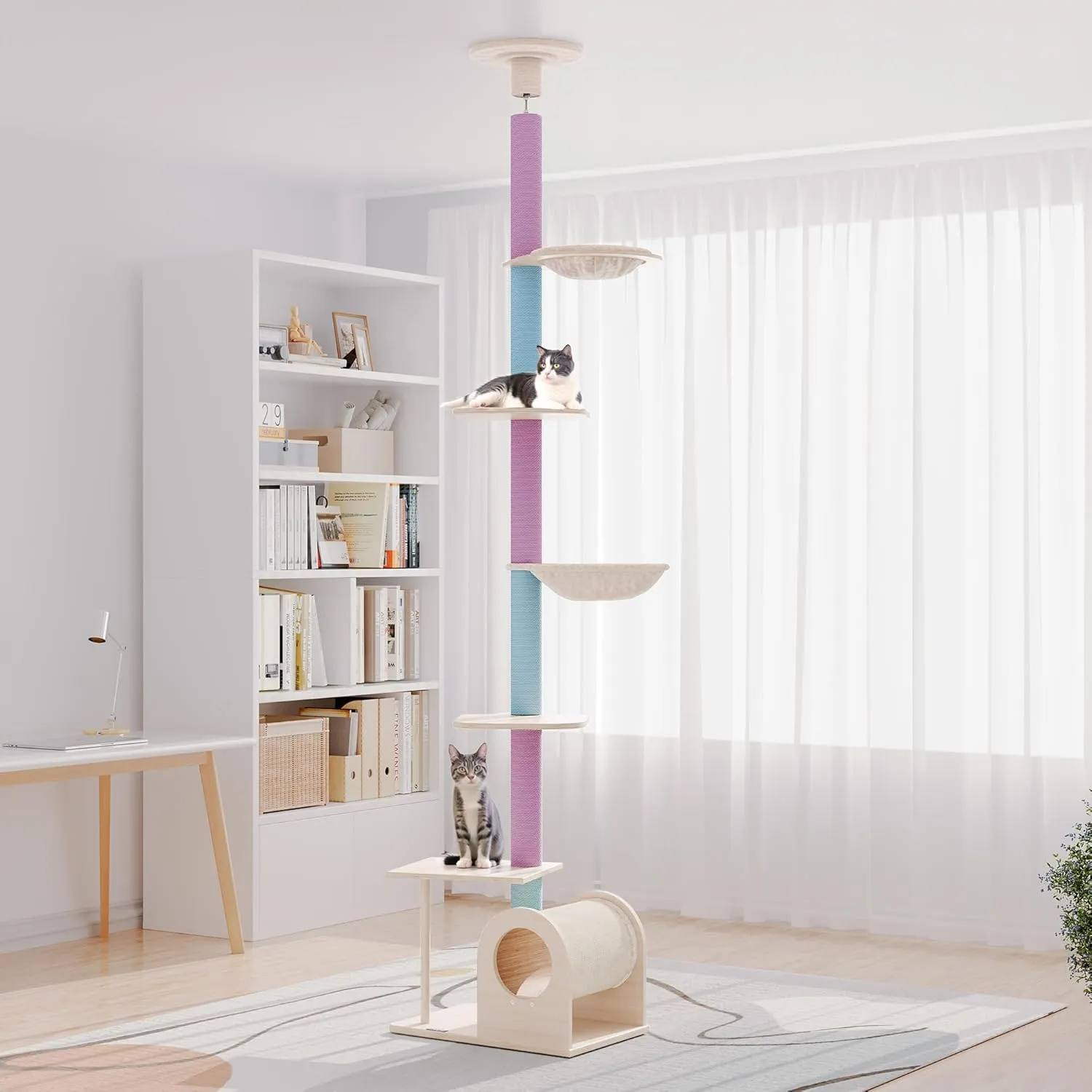 KAMABOKO Floor to Ceiling Cat Tree Ajustable Height [101.6-112.8 Inches], 6 Tiers Tall Cats Tower with Cat Condo, Cat Hammock and Scratching Post for Indoor Cats, Blue and Purple