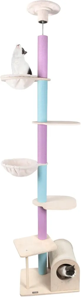 KAMABOKO Floor to Ceiling Cat Tree Ajustable Height [101.6-112.8 Inches], 6 Tiers Tall Cats Tower with Cat Condo, Cat Hammock and Scratching Post for Indoor Cats, Blue and Purple