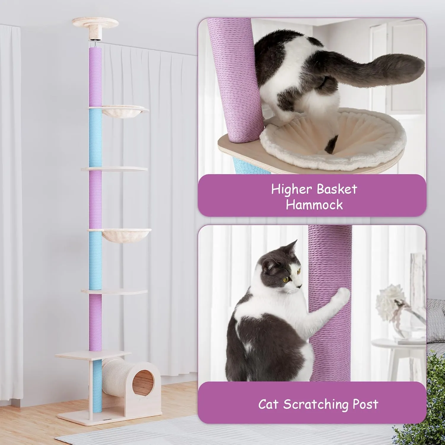 KAMABOKO Floor to Ceiling Cat Tree Ajustable Height [101.6-112.8 Inches], 6 Tiers Tall Cats Tower with Cat Condo, Cat Hammock and Scratching Post for Indoor Cats, Blue and Purple