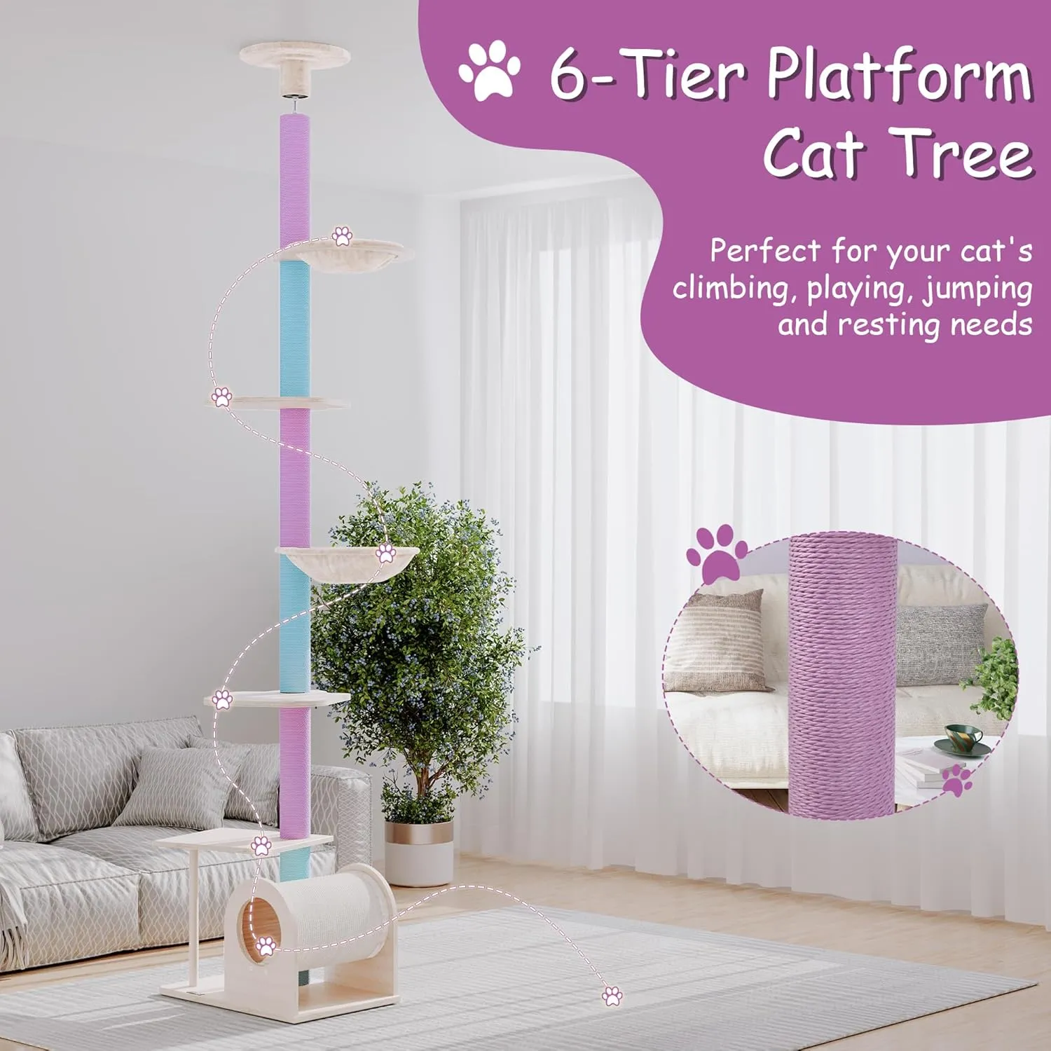 KAMABOKO Floor to Ceiling Cat Tree Ajustable Height [101.6-112.8 Inches], 6 Tiers Tall Cats Tower with Cat Condo, Cat Hammock and Scratching Post for Indoor Cats, Blue and Purple