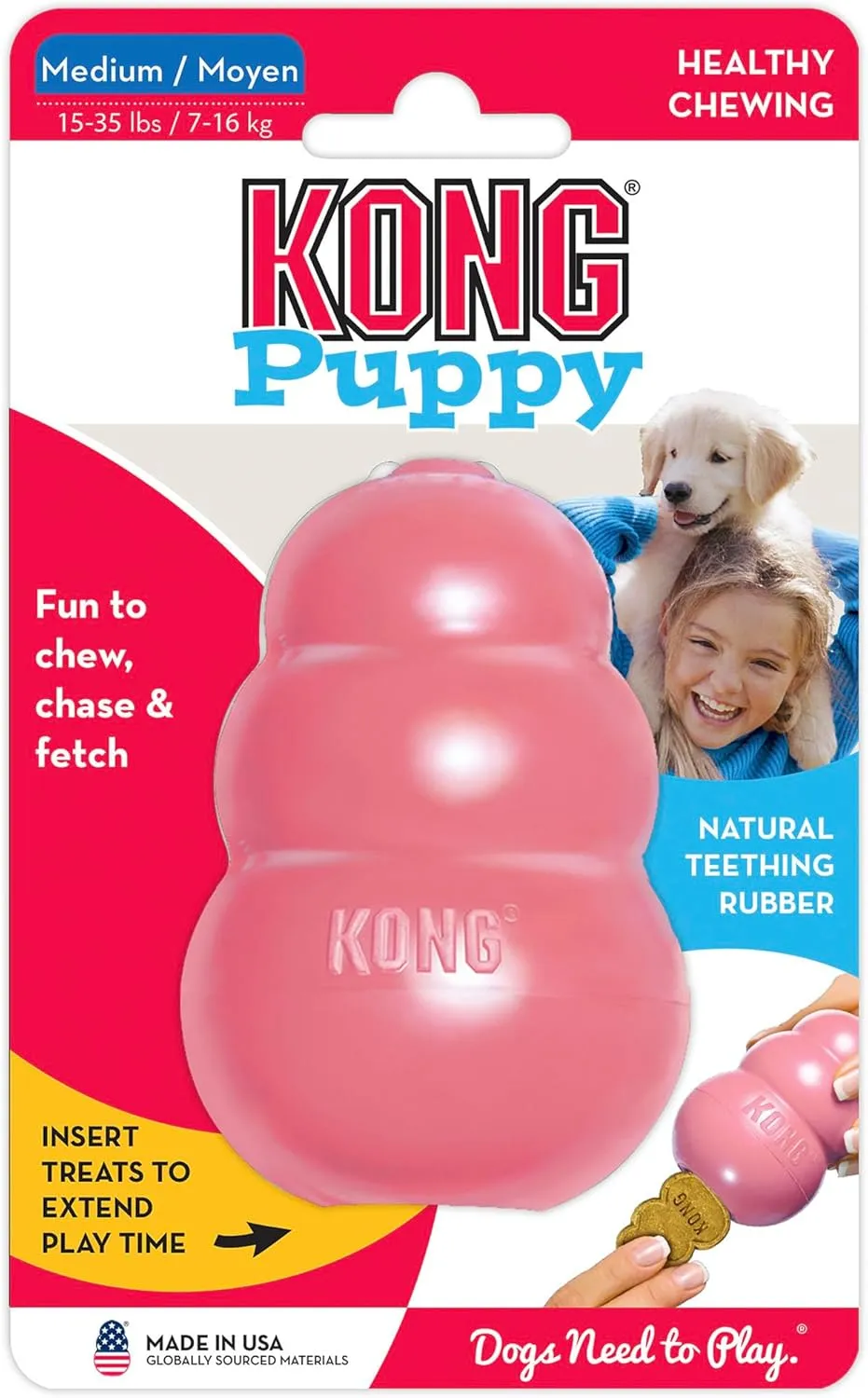 KONG - Puppy Toy Natural Teething Rubber - Fun to Chew, Chase and Fetch - for Small Puppies - Pink