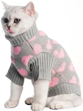 KOOLTAIL Cat Sweater Turtleneck- Soft Knit Cat Sweaters for Cats Only, Heart Love Pattern Thick Warm Cold Weather Clothes, Valentine's Day Pet Outfit for Small Medium Large Size Kitten Puppy Grey M