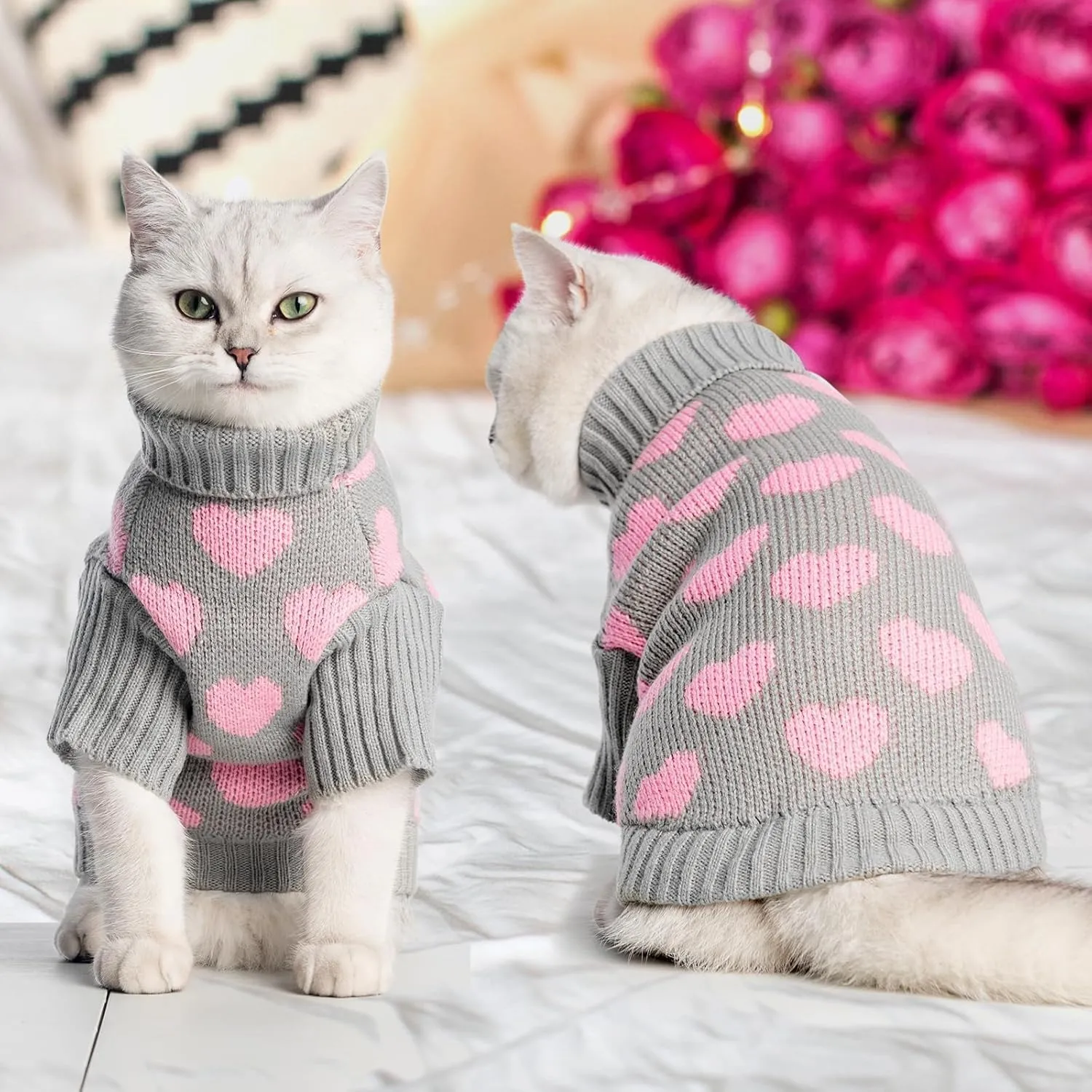 KOOLTAIL Cat Sweater Turtleneck- Soft Knit Cat Sweaters for Cats Only, Heart Love Pattern Thick Warm Cold Weather Clothes, Valentine's Day Pet Outfit for Small Medium Large Size Kitten Puppy Grey M