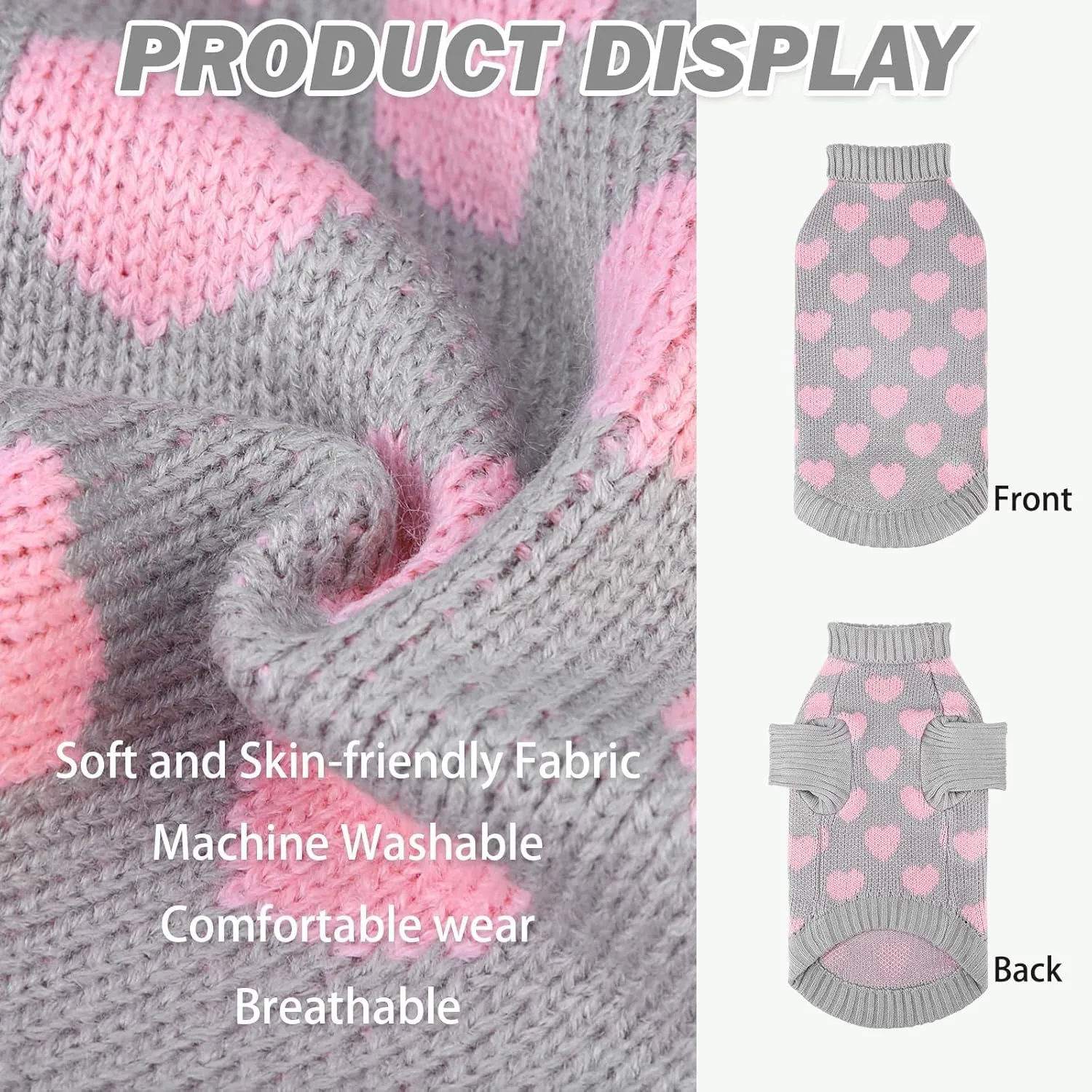 KOOLTAIL Cat Sweater Turtleneck- Soft Knit Cat Sweaters for Cats Only, Heart Love Pattern Thick Warm Cold Weather Clothes, Valentine's Day Pet Outfit for Small Medium Large Size Kitten Puppy Grey M