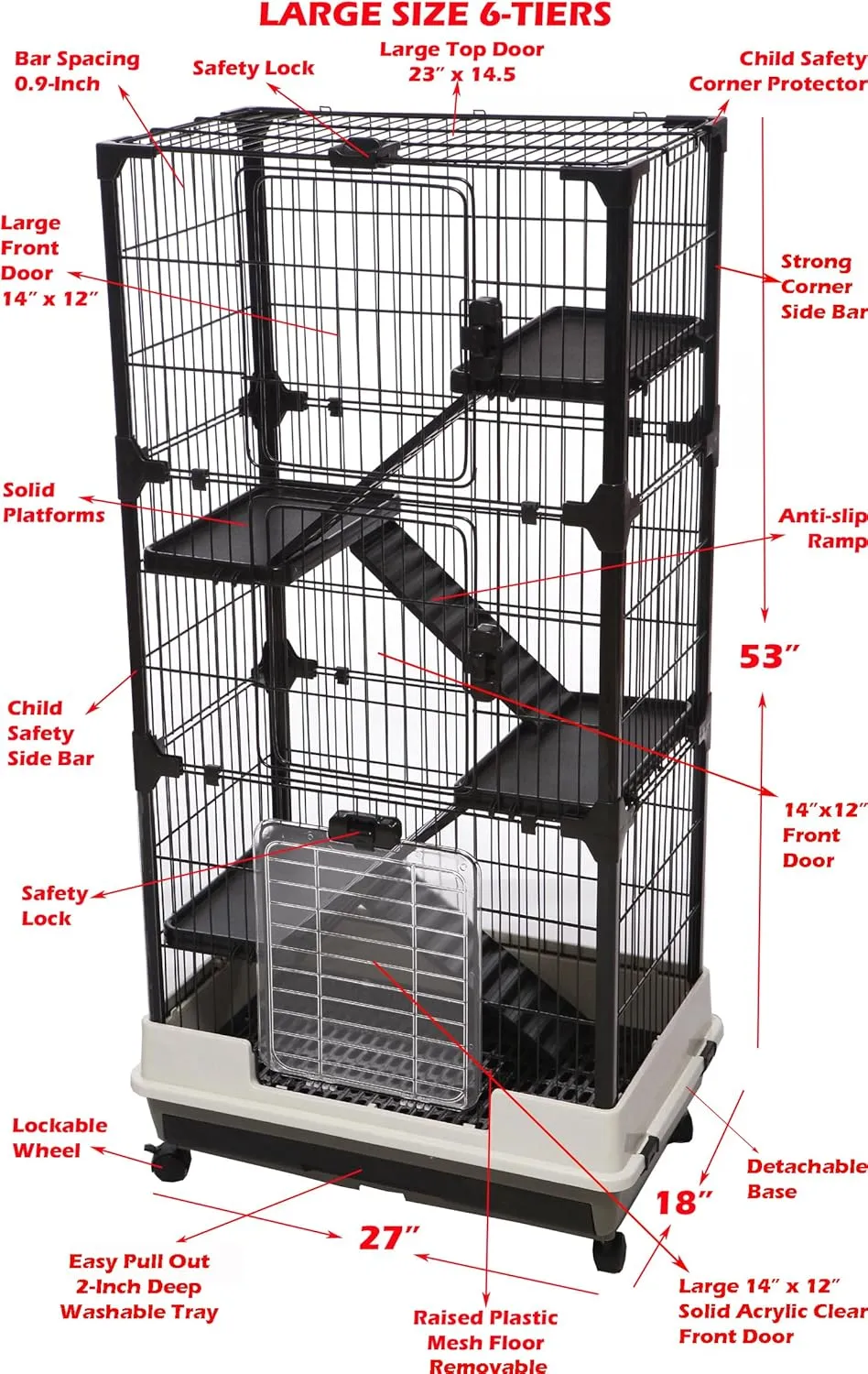 Large 5-Level In/Outdoor Small Animal Pet Cage for Guinea Pig Ferret Squirrel Chinchilla Cat Playpen Rabbit Hutch with Solid Platform Ramp Leakproof Litter Easy Clean 2-Inch Deep Tray Lockable Casters
