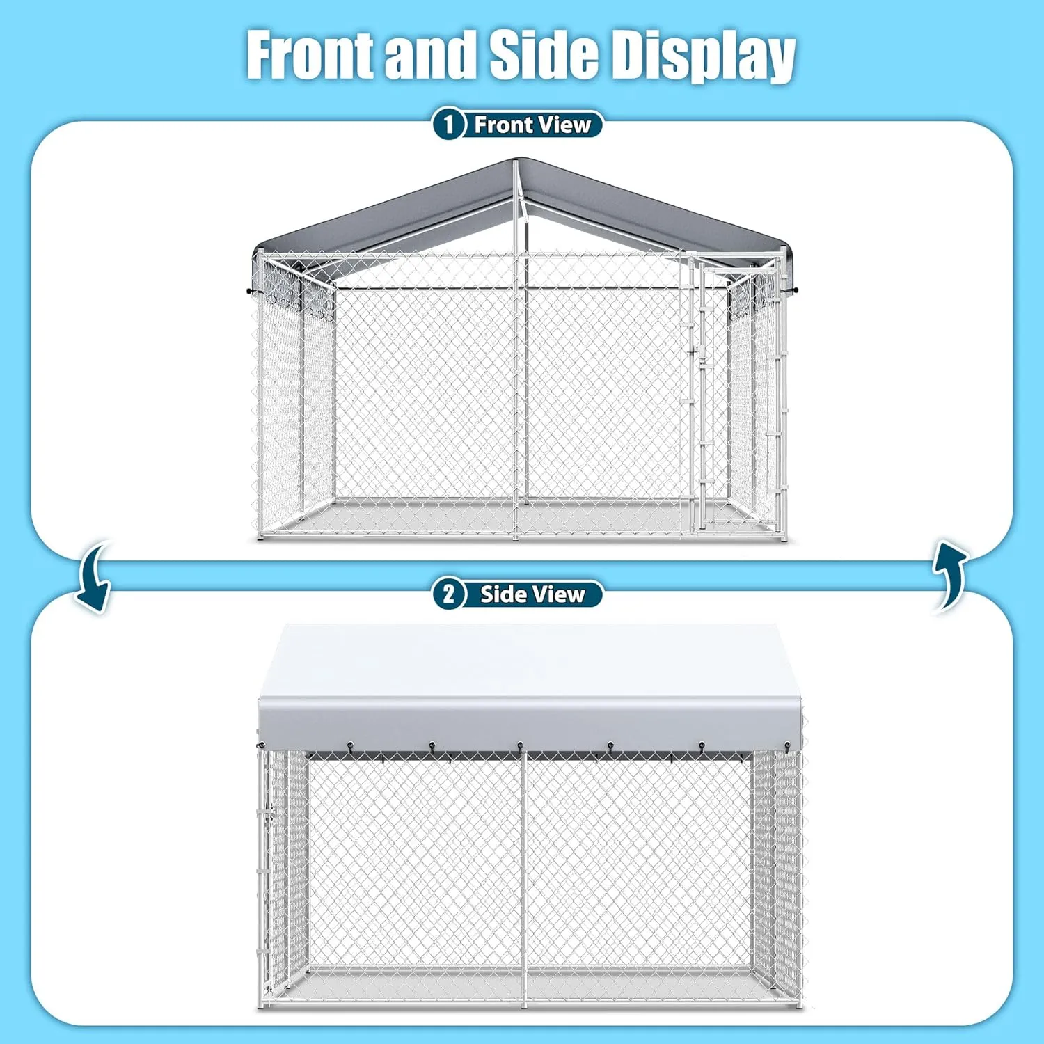 Large Outdoor Dog Kennel with Waterproof Cover,Heavy Duty Dog Cage with Secure Lock,Dog Pen Run,Galvanized Chain Link Dog Crate Metal Dog Pen Enclosure House for Farm(10'Lx10'Wx6.56'H)