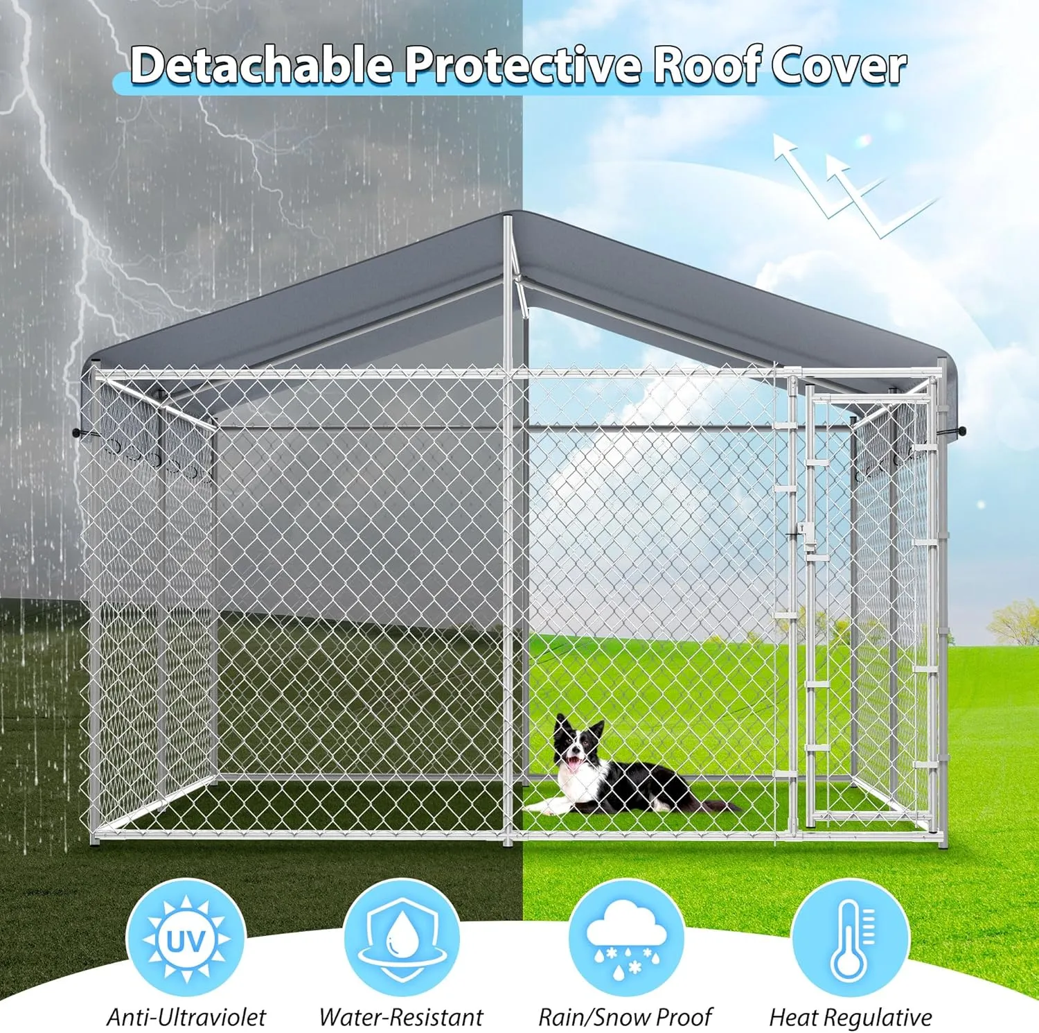 Large Outdoor Dog Kennel with Waterproof Cover,Heavy Duty Dog Cage with Secure Lock,Dog Pen Run,Galvanized Chain Link Dog Crate Metal Dog Pen Enclosure House for Farm(10'Lx10'Wx6.56'H)