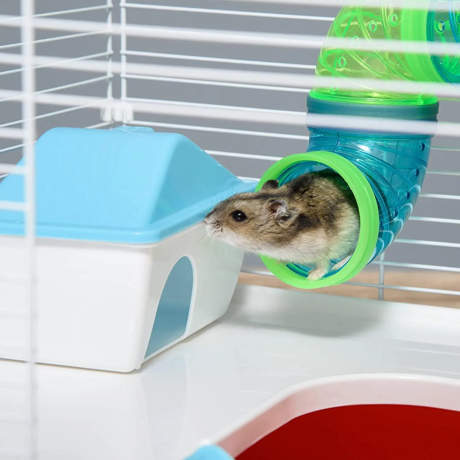 Large Twin Tower 5-Levels Crossing Level Tube Habitat Syrian Hamster Rodent Gerbil Mouse Mice Rat Wire Animal Home Cage with Hide House Running Wheel Food Bowl Water Bottle Deep Base