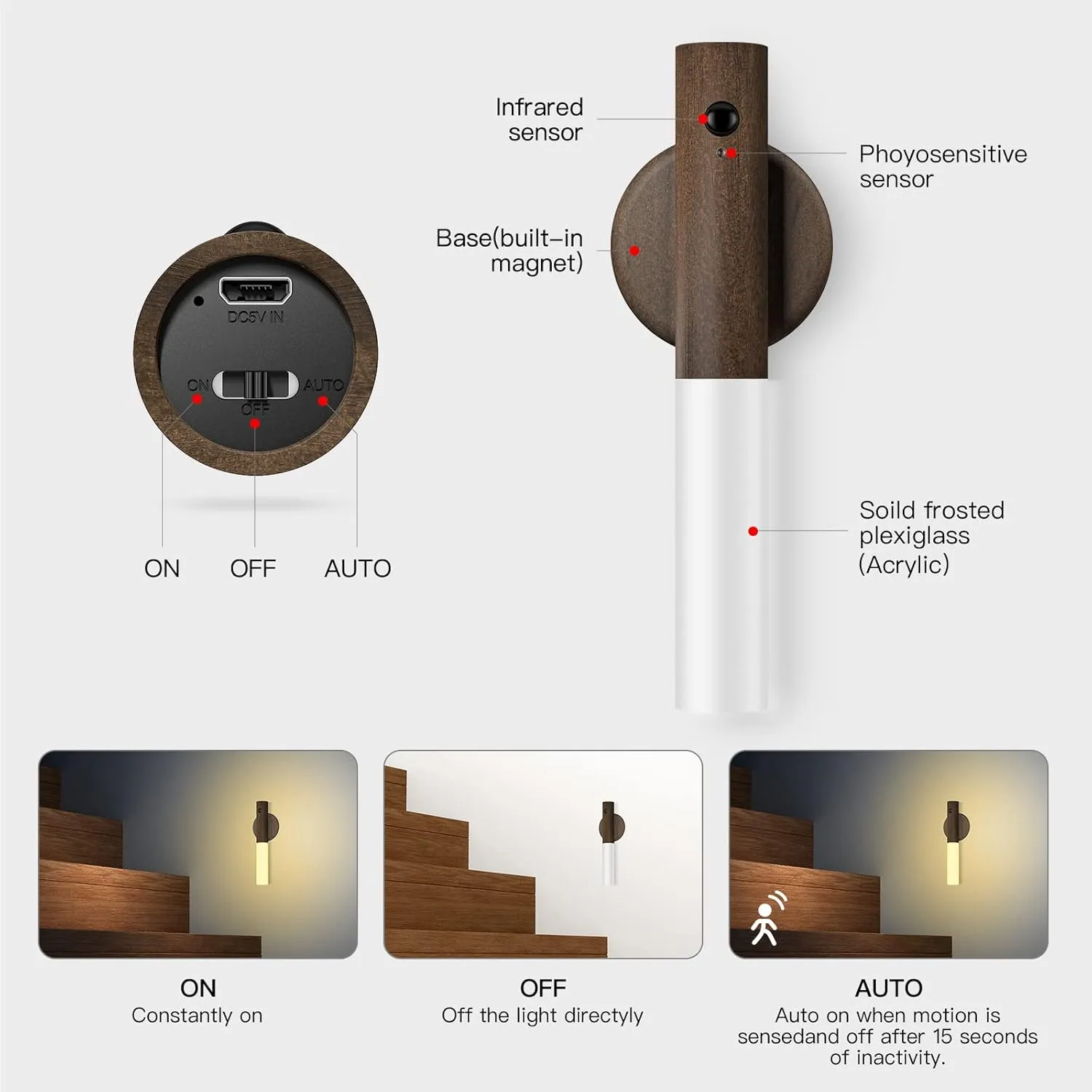 Miebul Motion Sensor Night Light, Magnetic LED Wall Lights Rechargeable Sensor Night Light Indoor Wooden Wall Sconce for Bedroom Corridor Staircase, Walnut Wood