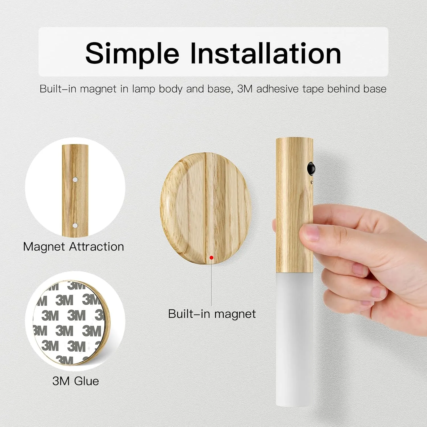 Miebul Motion Sensor Night Light, Rechargeable Body Sensor Night Light Indoor, Magnetic Wooden LED Wall Sconce for Bedroom Corridor Staircase Cabinet, White Ash Wood