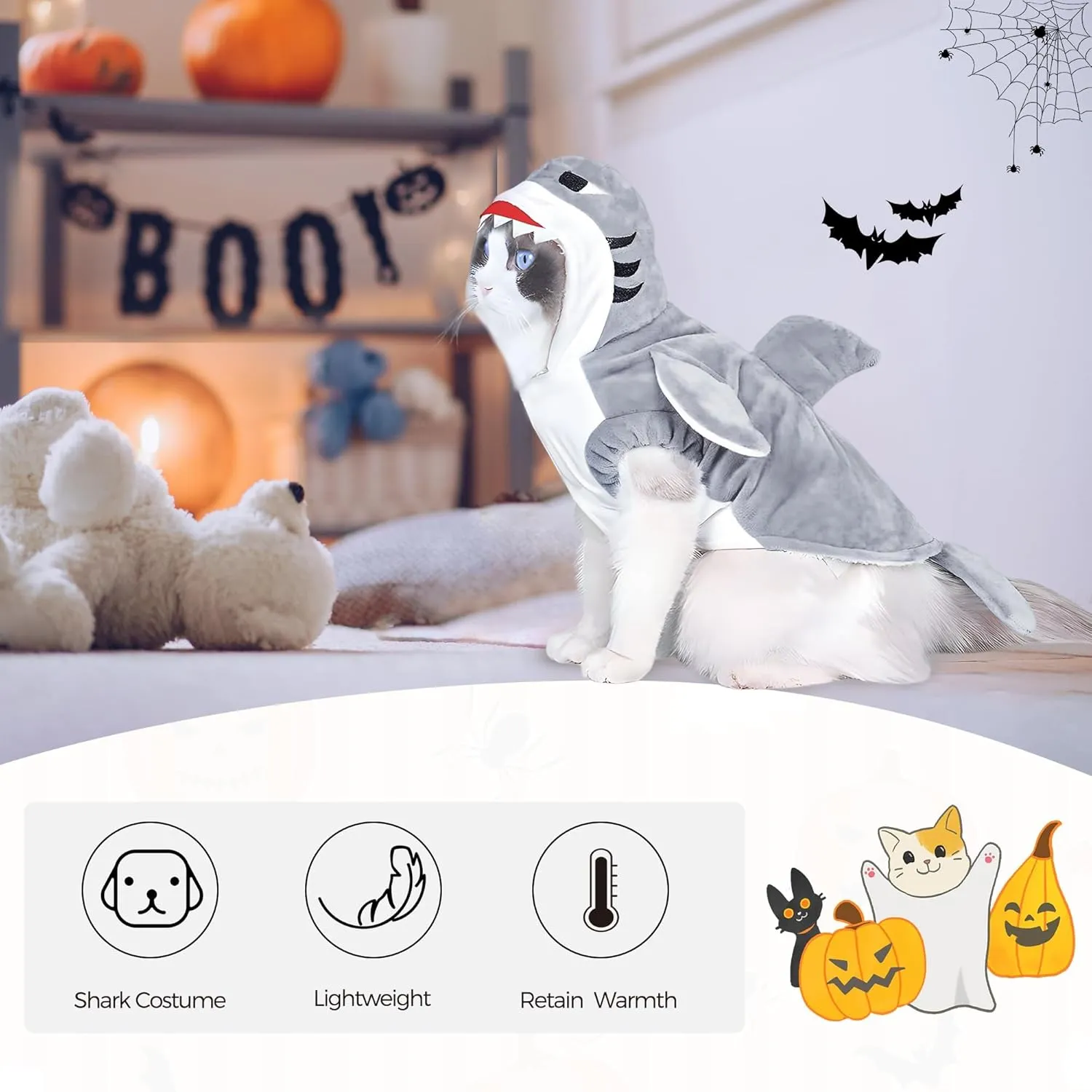 NACOCO Halloween Pet Shark Costume - Dog Cute Clothes Hoodie Cat Warm Outfit Coat Apparel for Small Medium Large Dogs and Cats (Grey, S)
