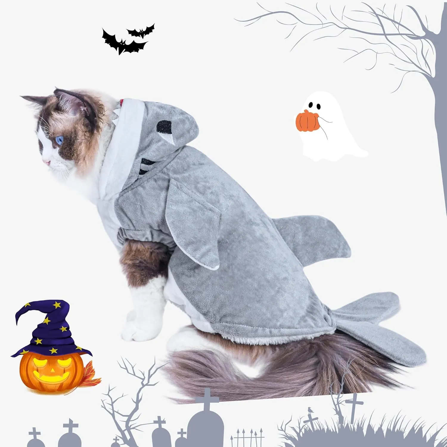 NACOCO Halloween Pet Shark Costume - Dog Cute Clothes Hoodie Cat Warm Outfit Coat Apparel for Small Medium Large Dogs and Cats (Grey, S)