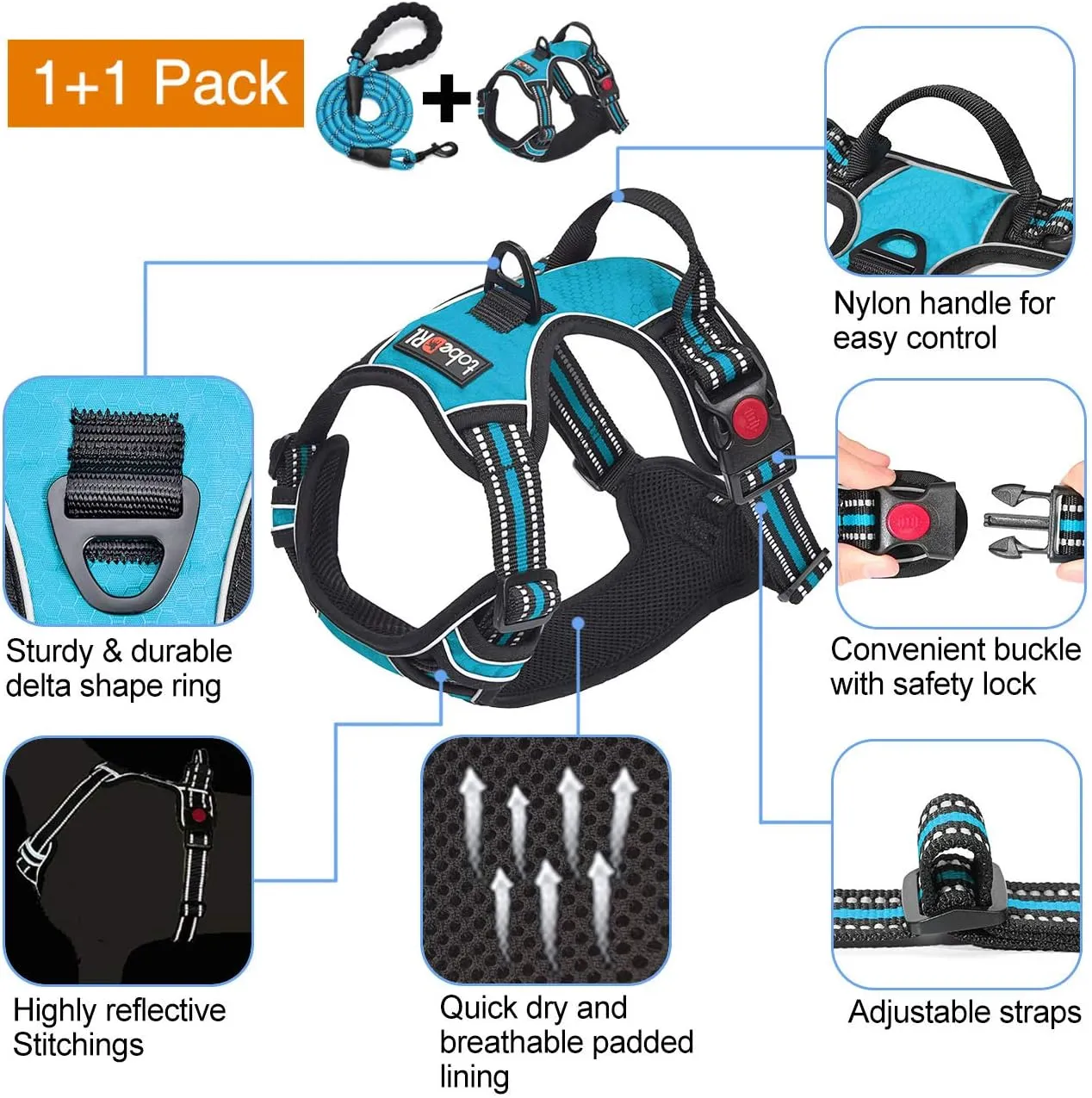 No Pull Dog Harness Adjustable Reflective Oxford Easy Control Medium Large Dog Harness with A Free Heavy Duty 5ft Dog Leash (S (Neck: 13"-18", Chest: 17.5"-22"), Blue Harness Leash)