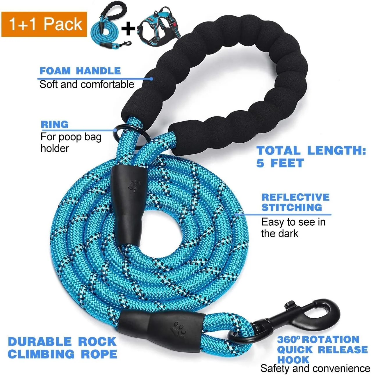 No Pull Dog Harness Adjustable Reflective Oxford Easy Control Medium Large Dog Harness with A Free Heavy Duty 5ft Dog Leash (S (Neck: 13"-18", Chest: 17.5"-22"), Blue Harness Leash)