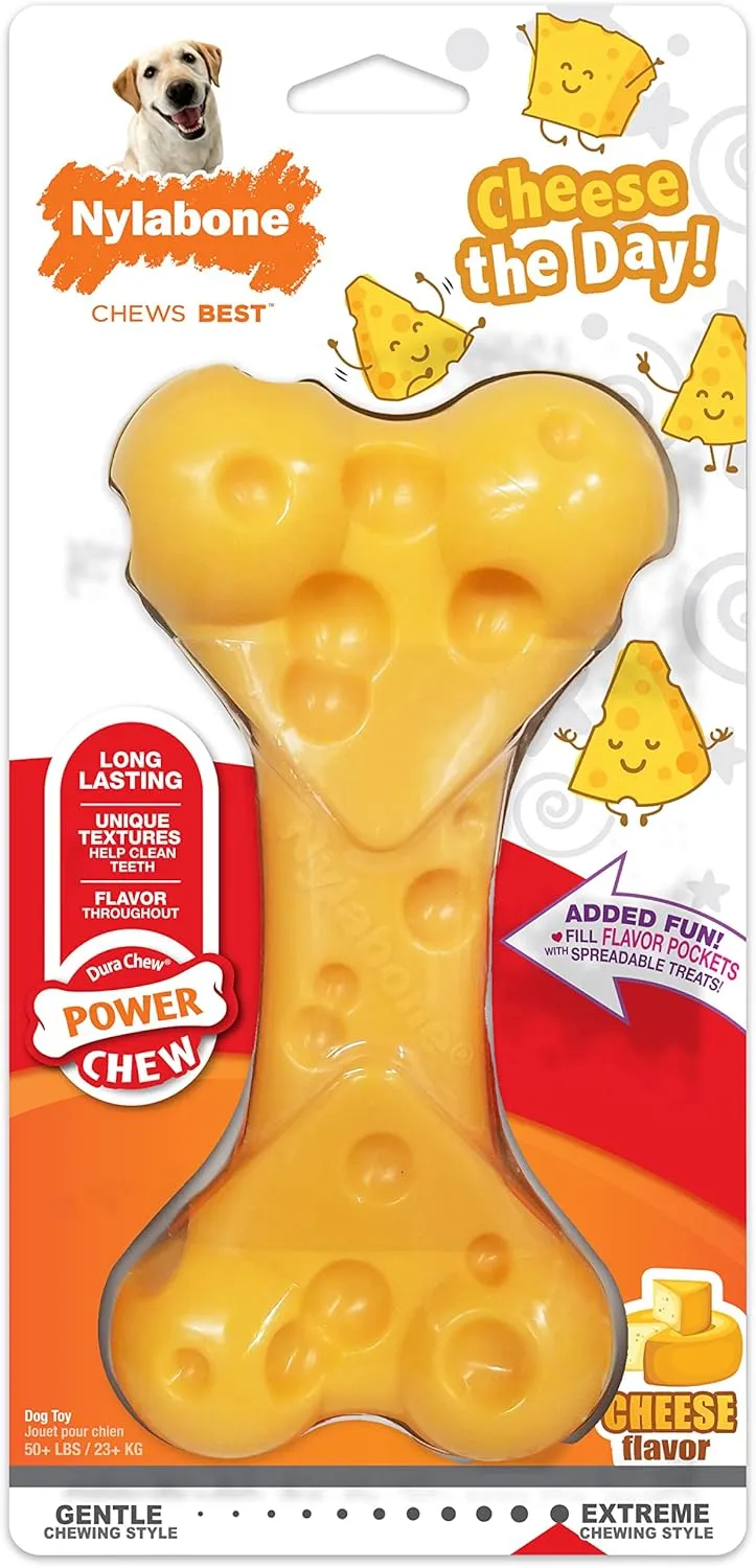 Nylabone Cheese Bone Power Chew Toy for Dogs, Cute Dog Toys for Aggressive Chewers, Cheese Flavor, X-Large Dogs - 50  lbs, 1 Count