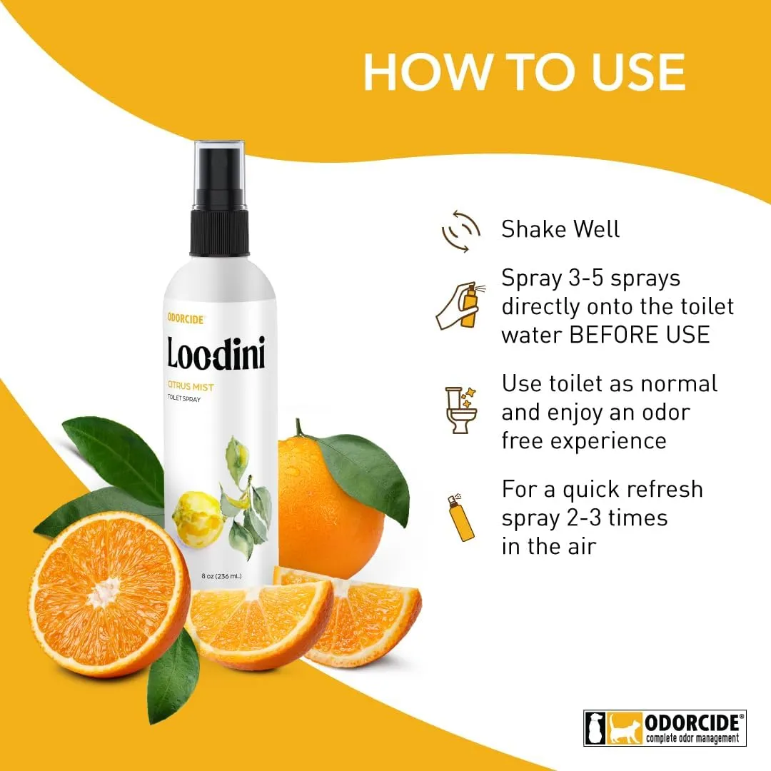 Odorcide Loo-Dini Citrus Mist Toilet & Bathroom Spray - Odor Eliminator for Toilet and Bathroom Air Freshener & Deodorizer