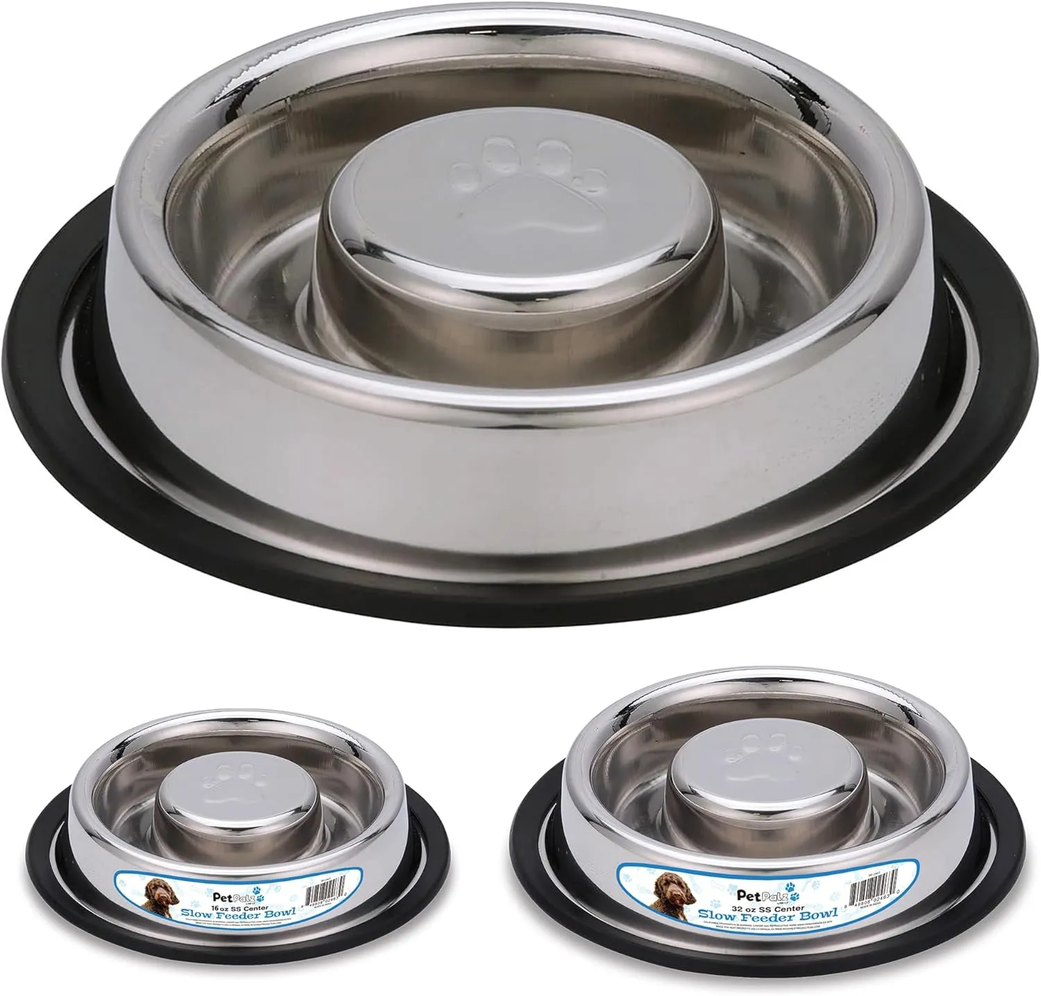Palz&Co Center Slow Feeder Stainless Steel Dog Bowl, Non Slip, No Spill, Promotes Healthy Eating and Mental Stimulation, Dishwasher Safe (32 oz)
