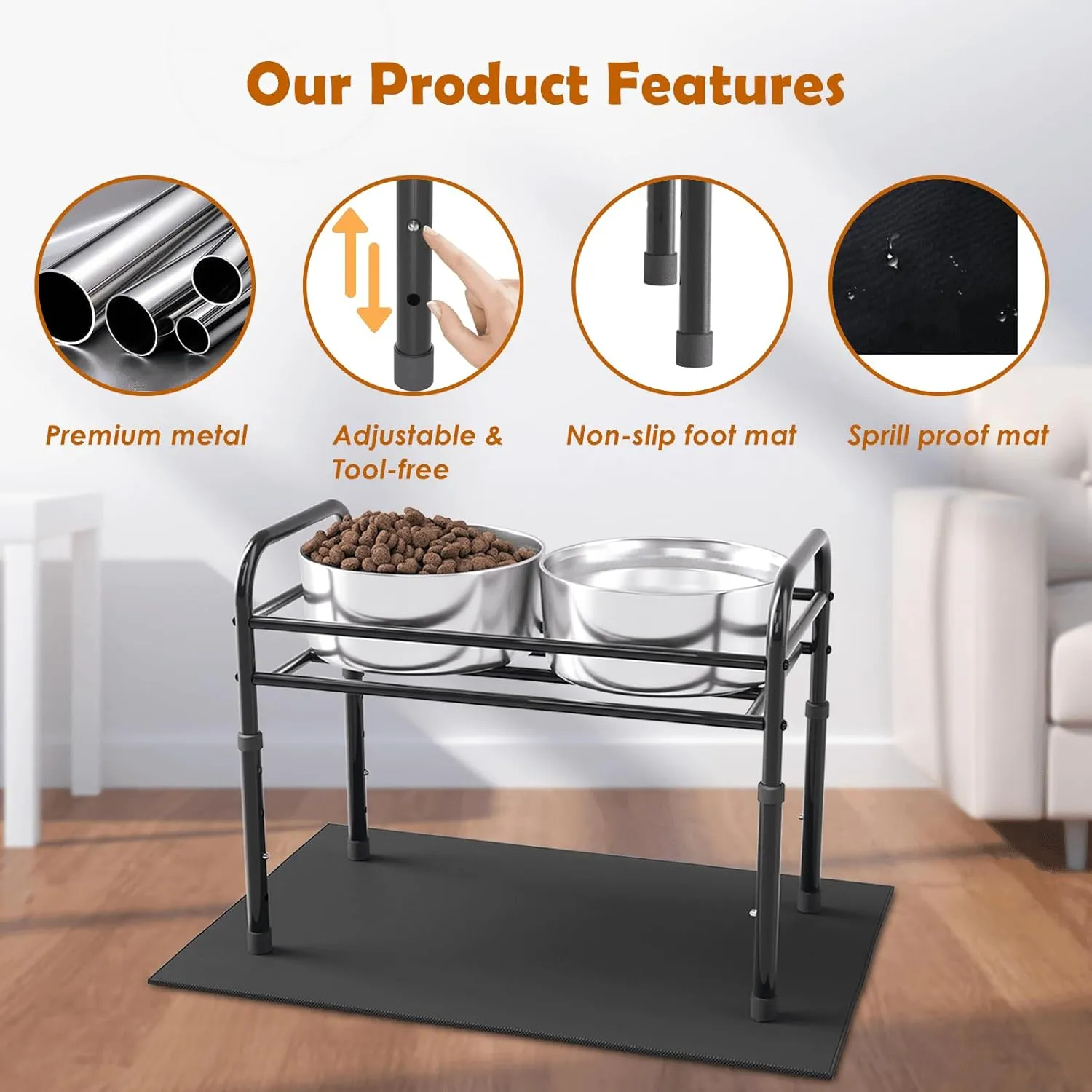 Raised Dog Bowl Stand for XLarge & Large Dogs,Table Steel Frame Elevated Dog Bowls Stand with Mat,Non-Slip No Spill,Adjusts to 4 Heights 8.7-13.4", Holds 6-8.7" Diameter Bowl(Bowl Not Included)