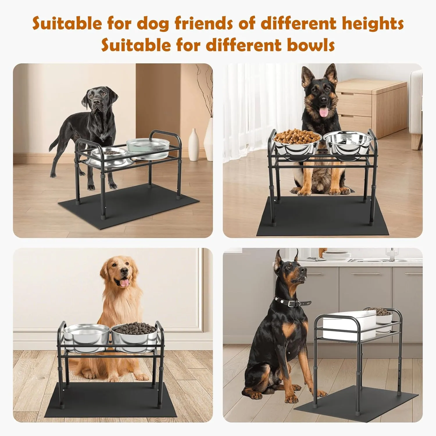 Raised Dog Bowl Stand for XLarge & Large Dogs,Table Steel Frame Elevated Dog Bowls Stand with Mat,Non-Slip No Spill,Adjusts to 4 Heights 8.7-13.4", Holds 6-8.7" Diameter Bowl(Bowl Not Included)