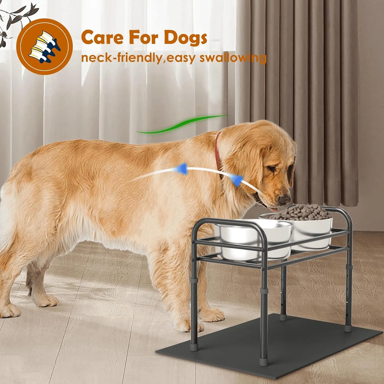 Raised Dog Bowl Stand for XLarge & Large Dogs,Table Steel Frame Elevated Dog Bowls Stand with Mat,Non-Slip No Spill,Adjusts to 4 Heights 8.7-13.4", Holds 6-8.7" Diameter Bowl(Bowl Not Included)